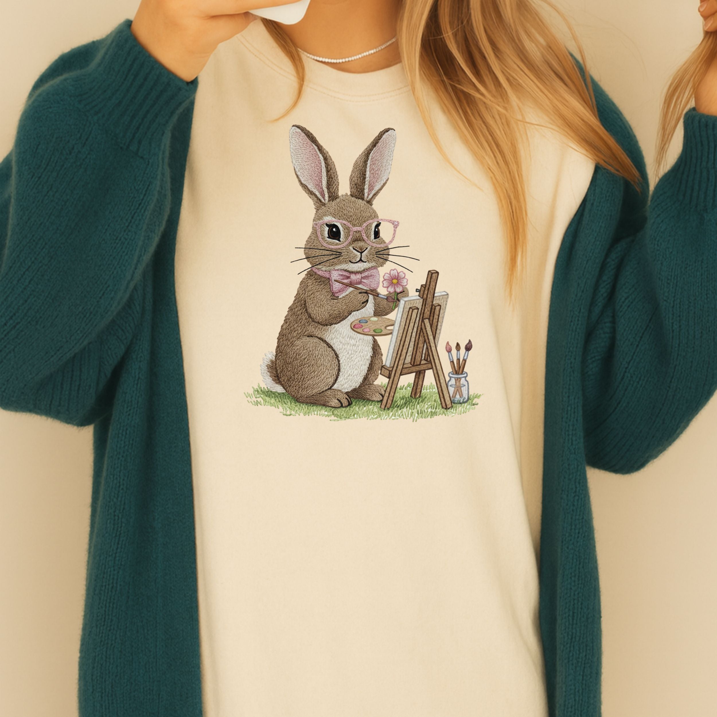 Cute Painting Bunny with Glasses Graphic Shirt