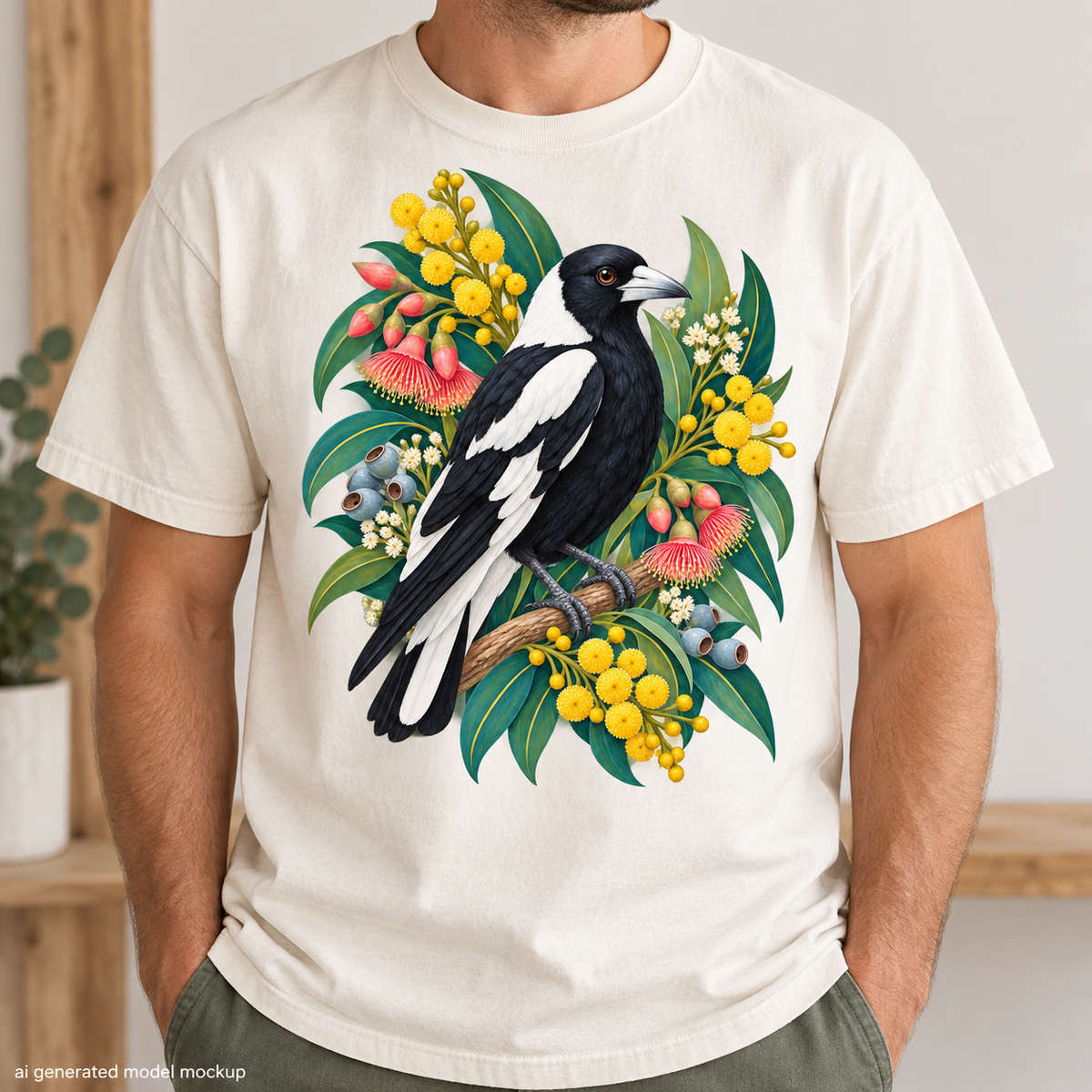 Black and white bird perched on a branch with Australian flora.