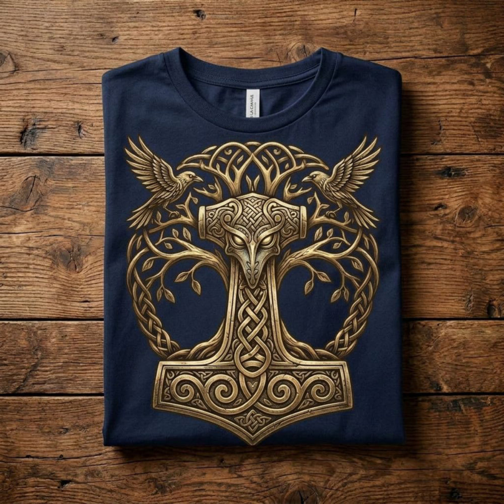 Navy t-shirt with gold Thor's Hammer and tree design.