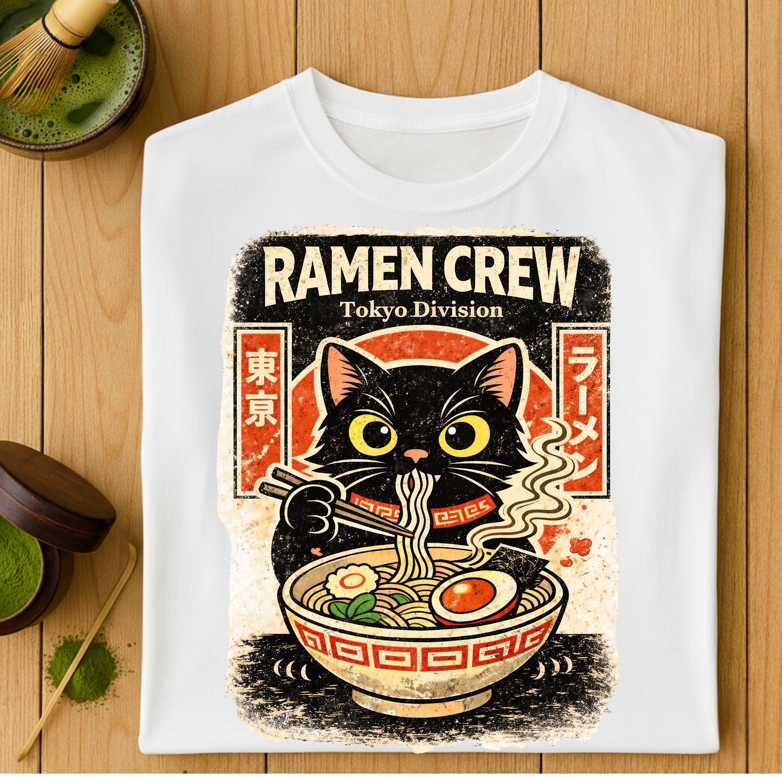 Ramen Crew Tokyo Division Cat Eating Noodles T-shirt