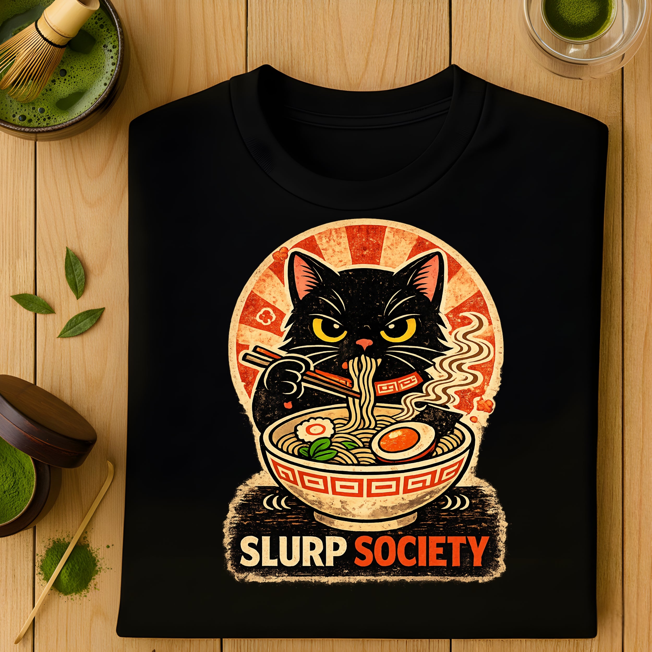 Slurp Society Cat Eating Ramen Graphic T-Shirt