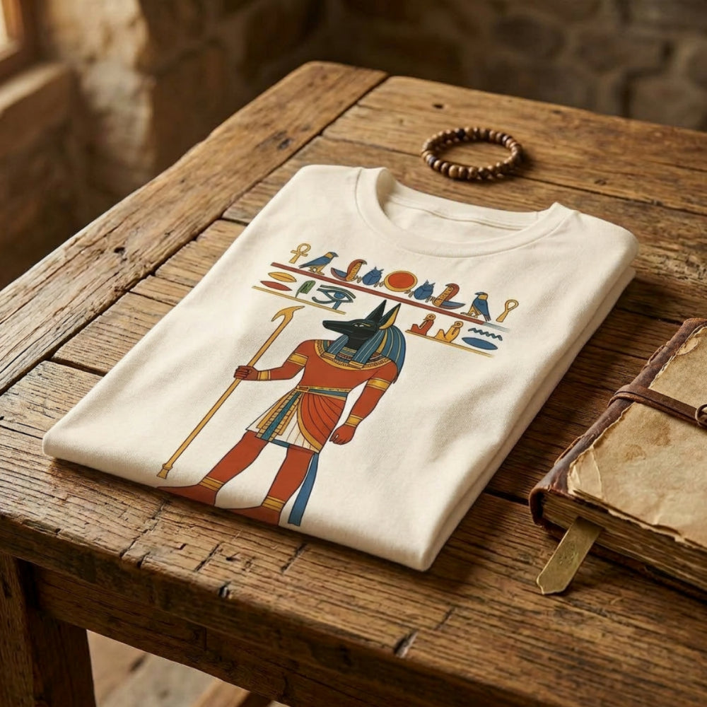 Cream t-shirt with Anubis illustration and hieroglyphs.