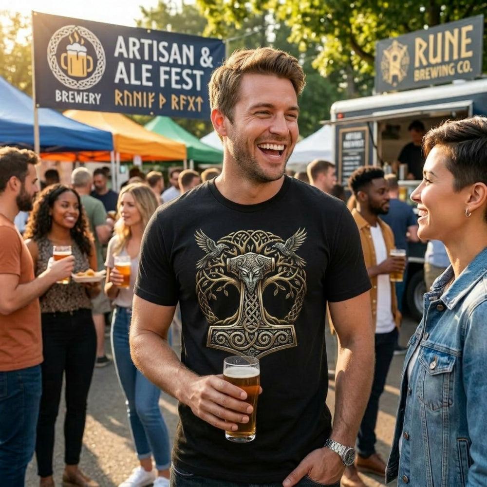 Man in t-shirt with Thor's hammer and ravens, holding beer at an outdoor festival.