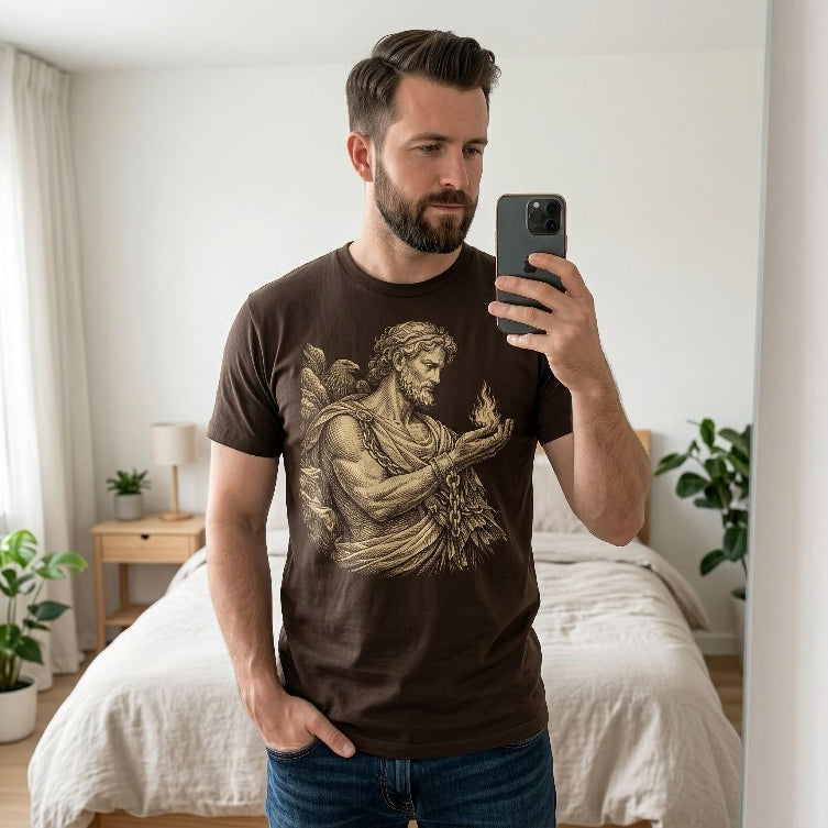 Brown t-shirt with illustration of a man holding fire.