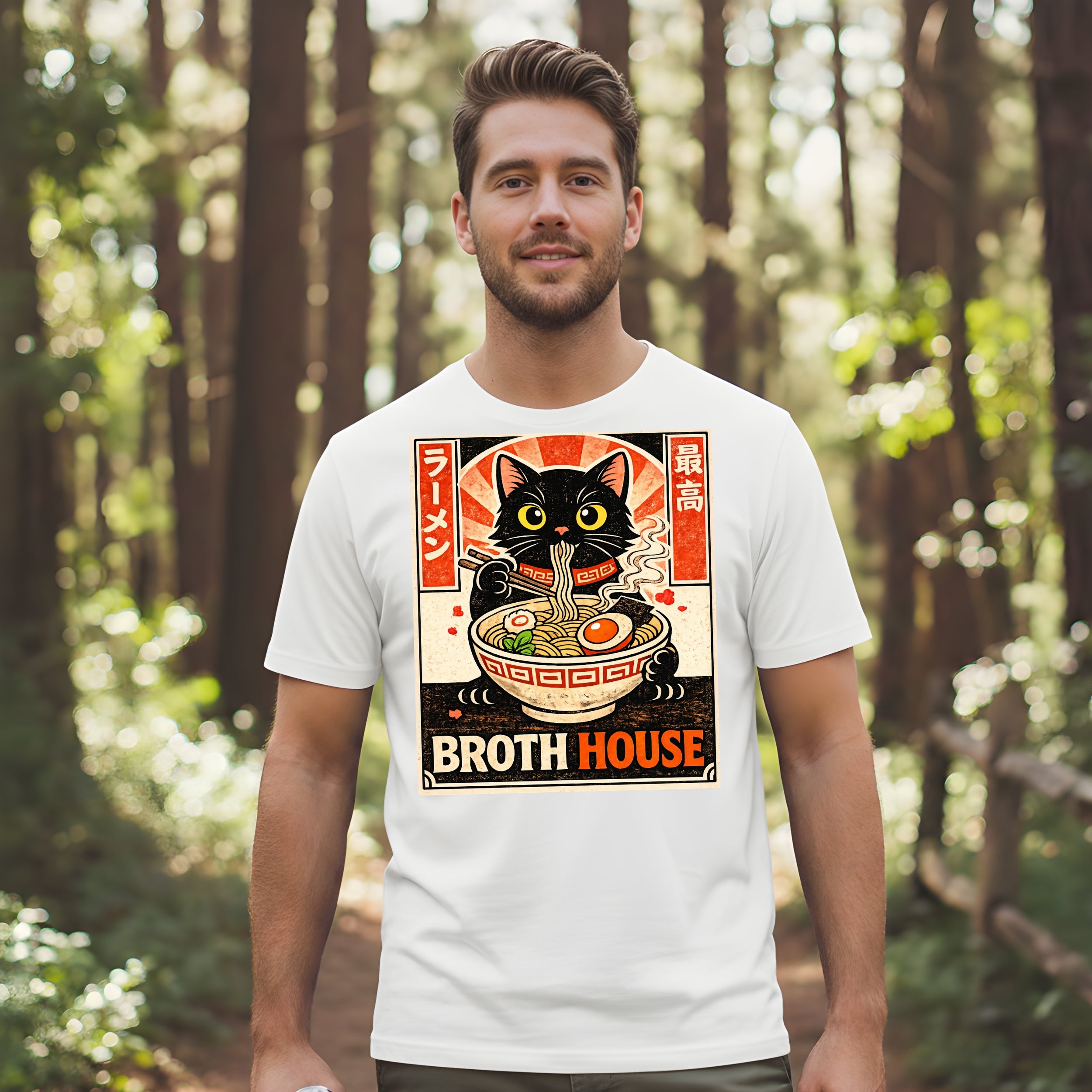 Cute Black Cat Ramen Broth House Graphic T-shirt