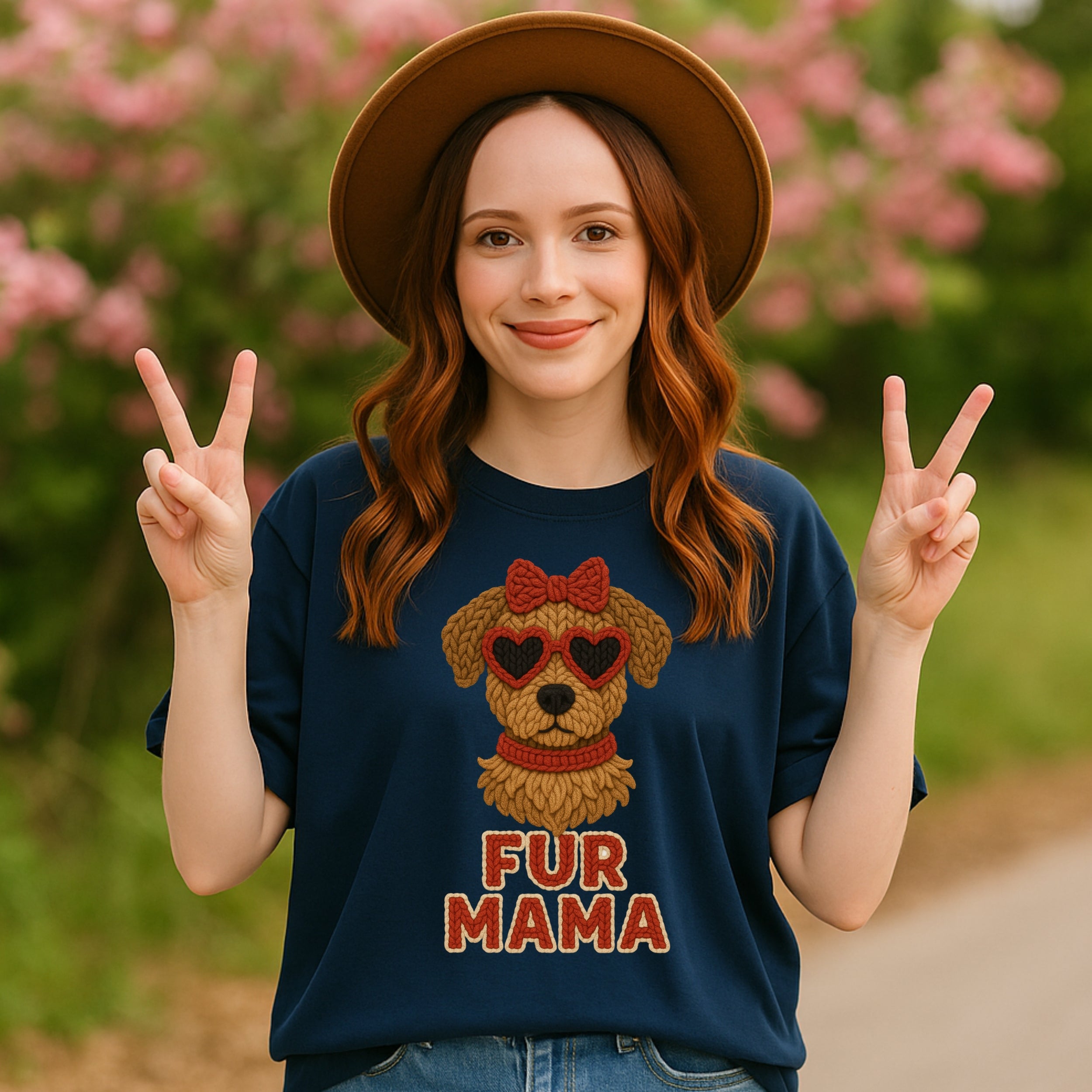 Woman wearing a navy t-shirt with a dog graphic and "Fur Mama" text.