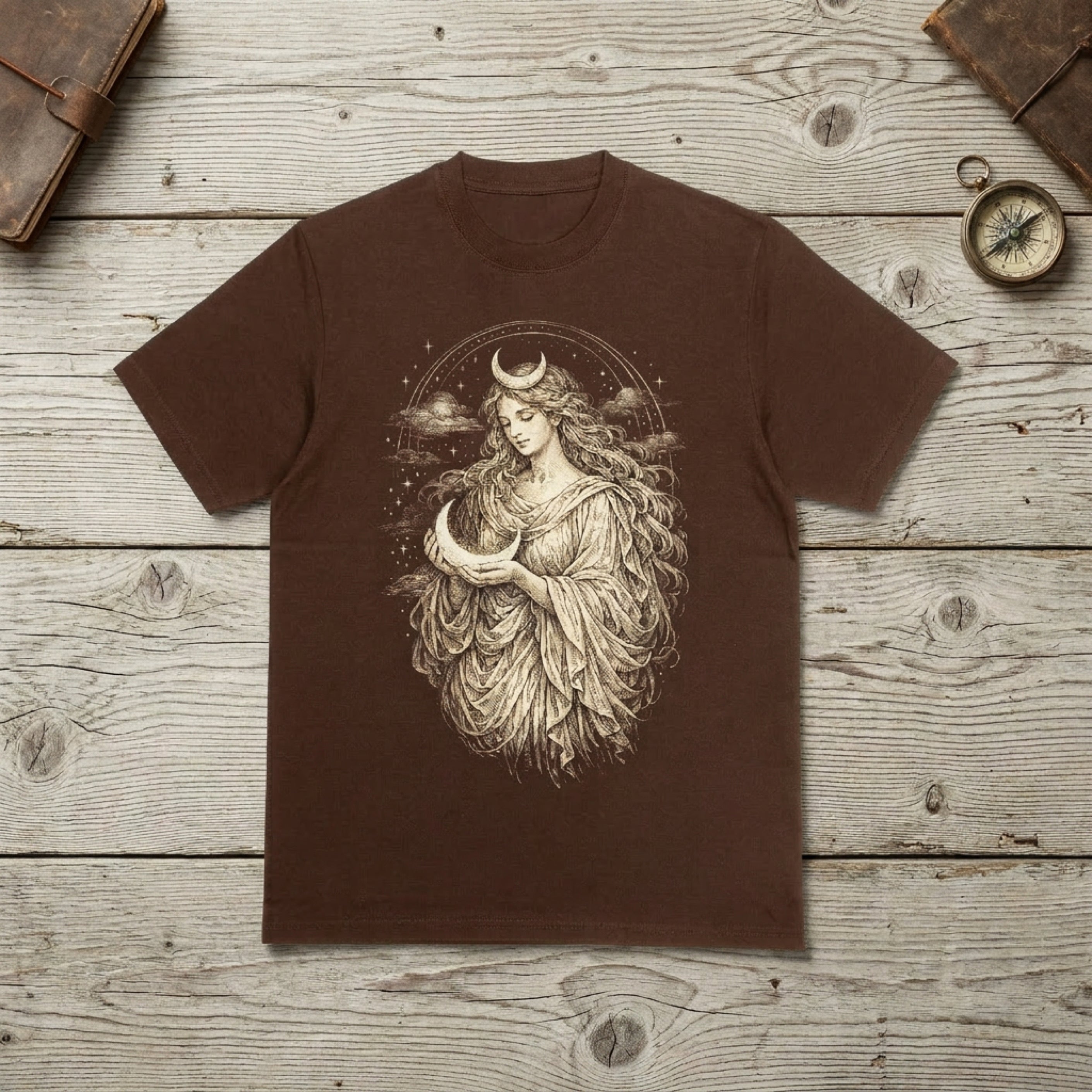 Brown t-shirt with ethereal woman holding a crescent moon and stars.