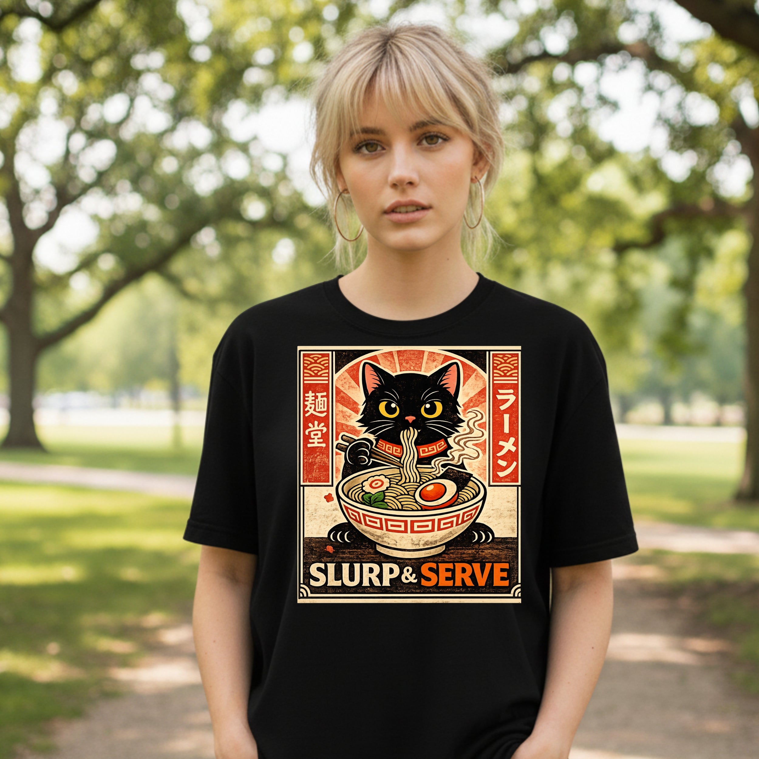 Retro Cat Slurp and Serve Ramen Graphic Tee Shirt