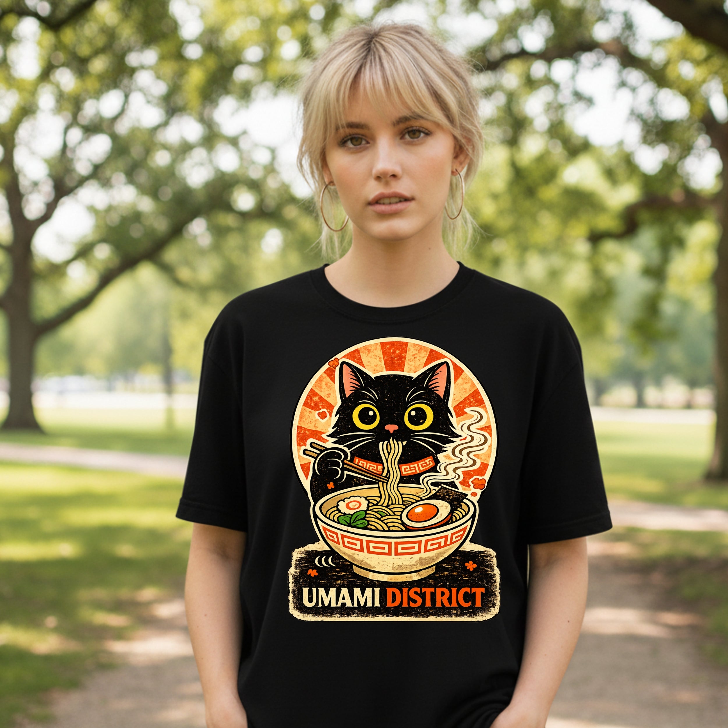 Umami District Cute Cat Ramen Noodles Graphic T-Shirt