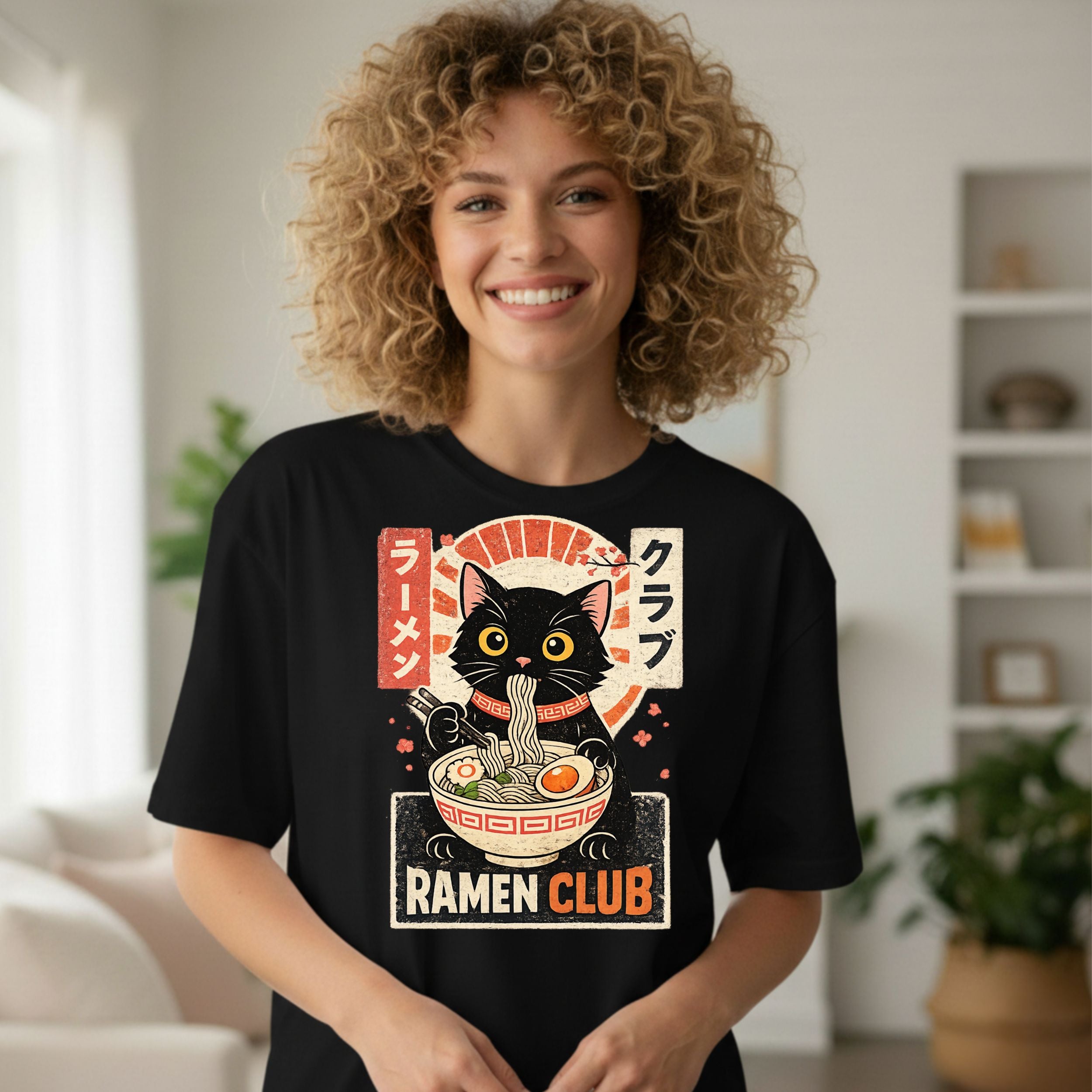 Cute Black Cat Eating Ramen Club Graphic T-shirt