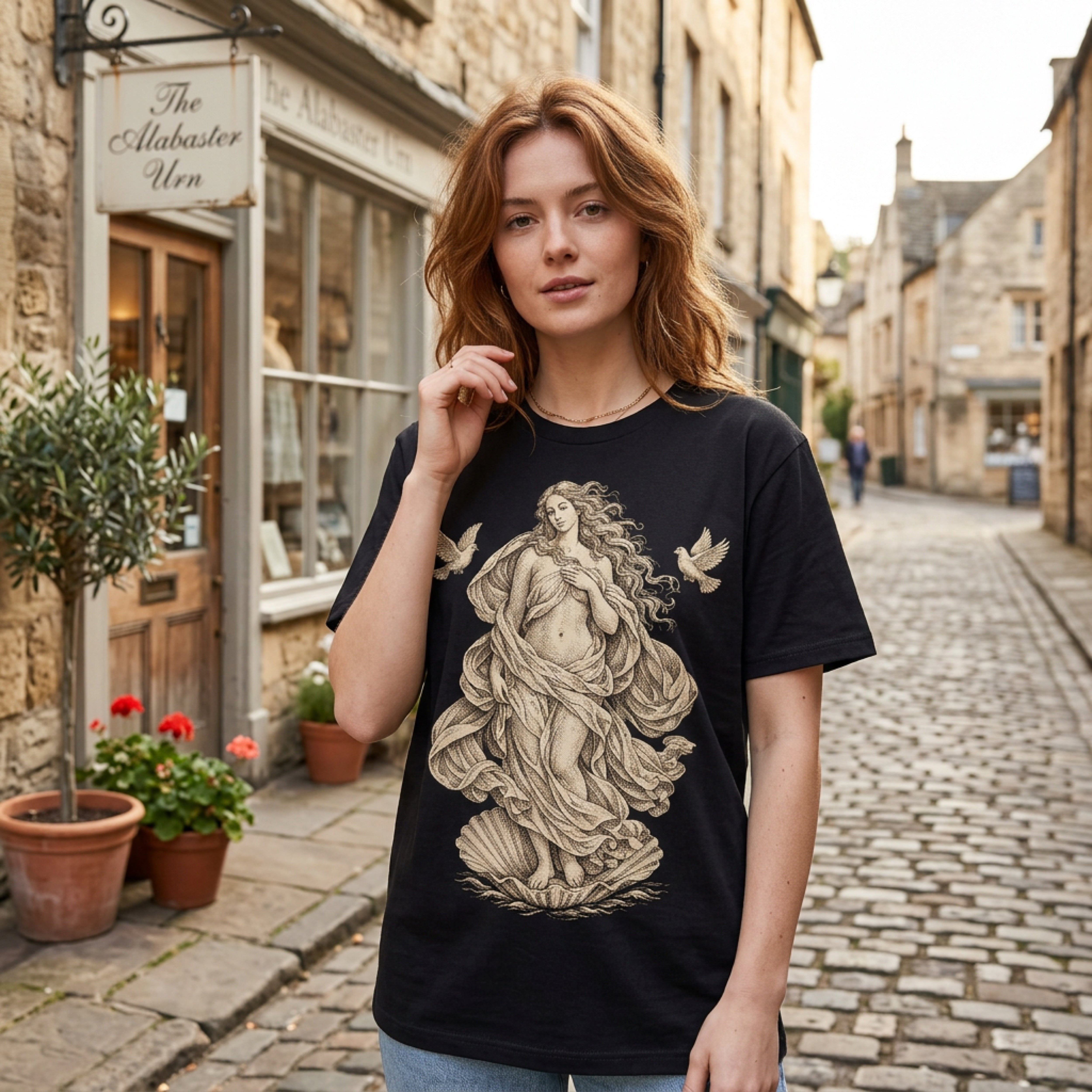 Black t-shirt featuring a neoclassical illustration of Venus emerging from a seashell.