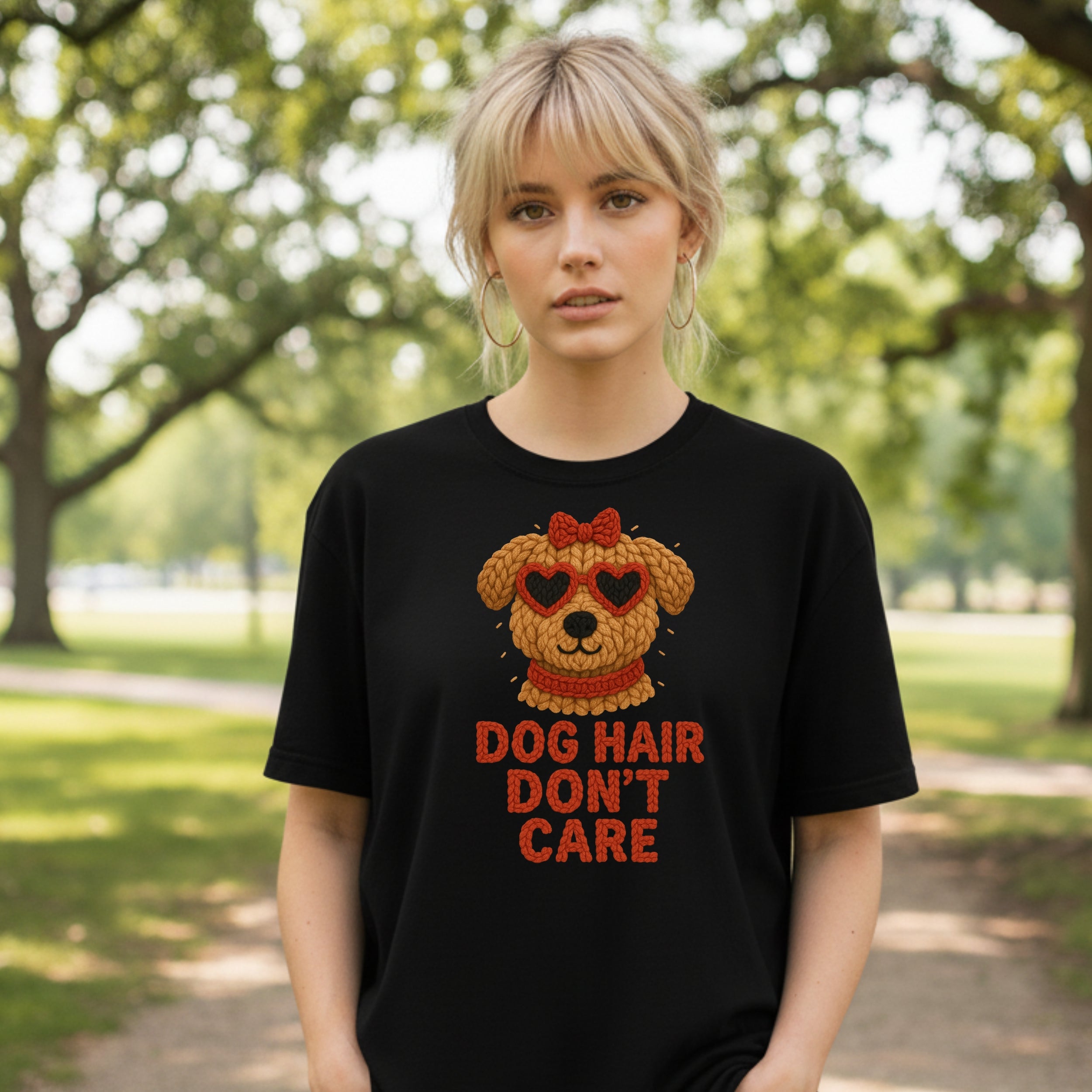 Black t-shirt with a graphic of a dog wearing sunglasses and a bow, text reads "Dog Hair Don't Care".