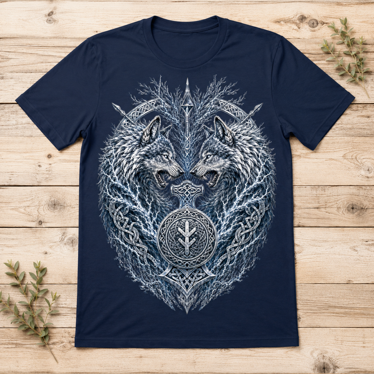 Dark blue t-shirt with twin wolves, Thor's hammer, and Norse knotwork design.
