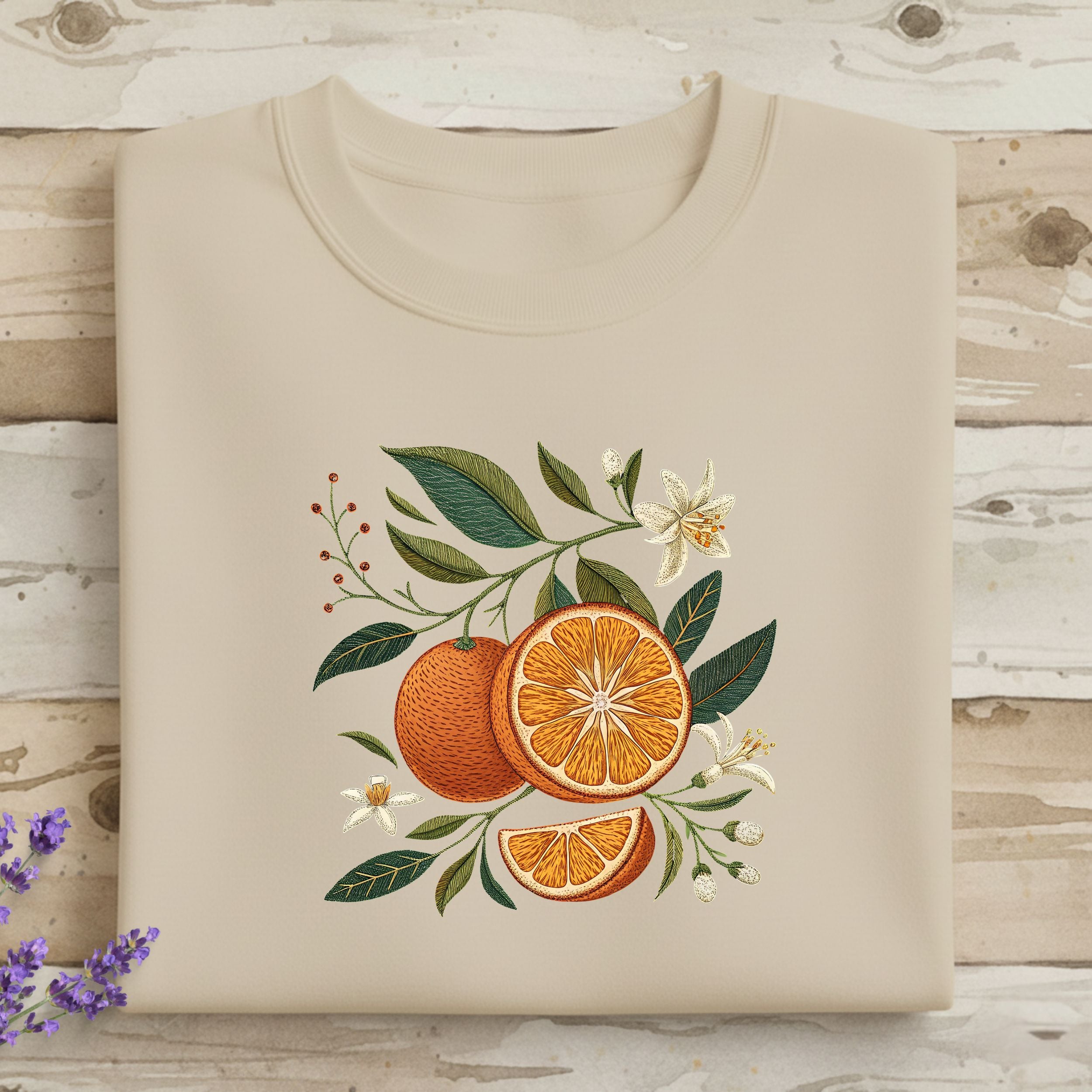 Orange and Floral Design on Beige Sweatshirt