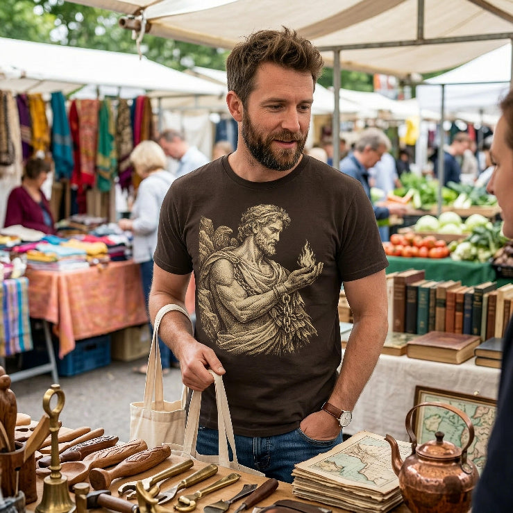 Man wearing a brown t-shirt with a mythological figure design at a market stall.