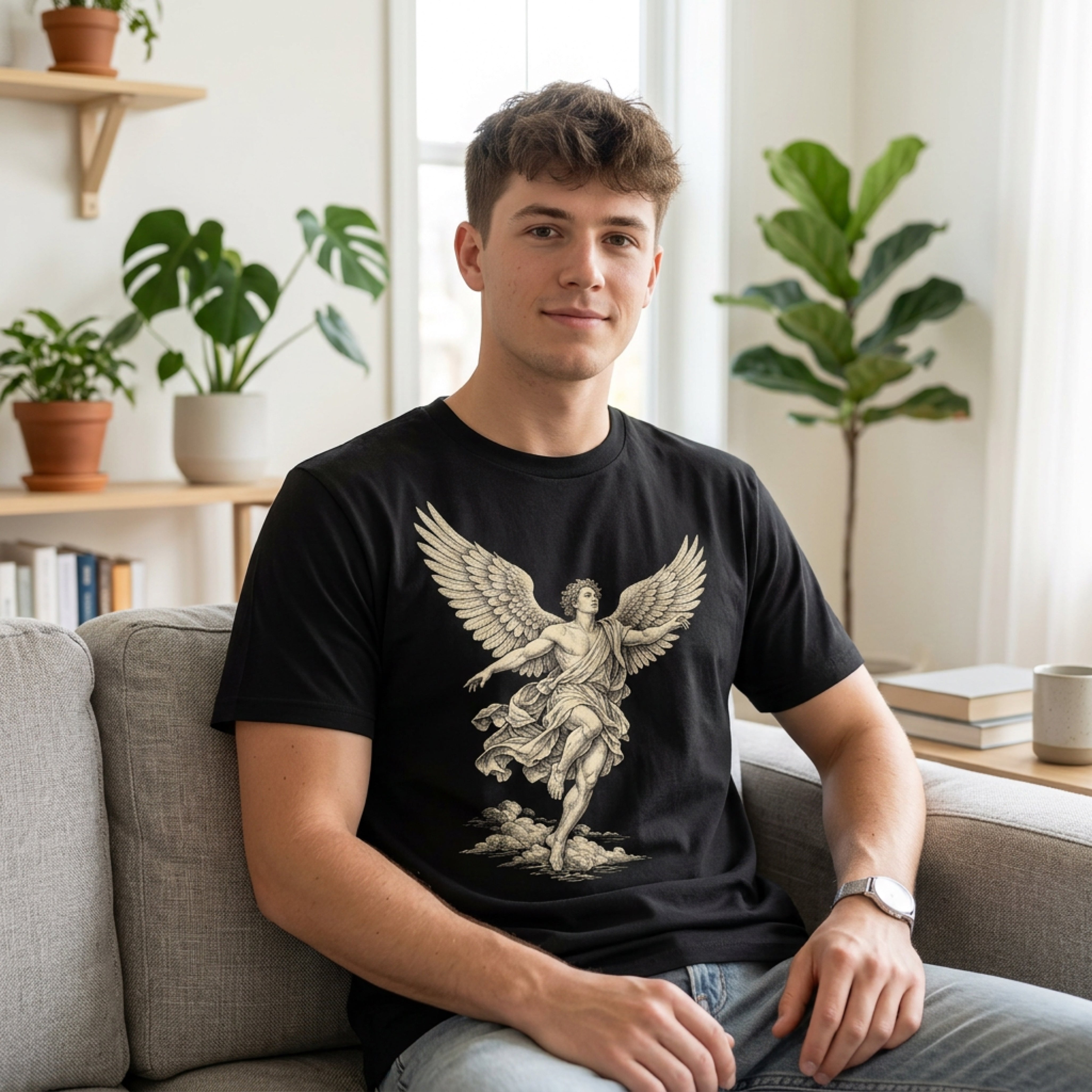 Man wearing black t-shirt with angel graphic and wings.