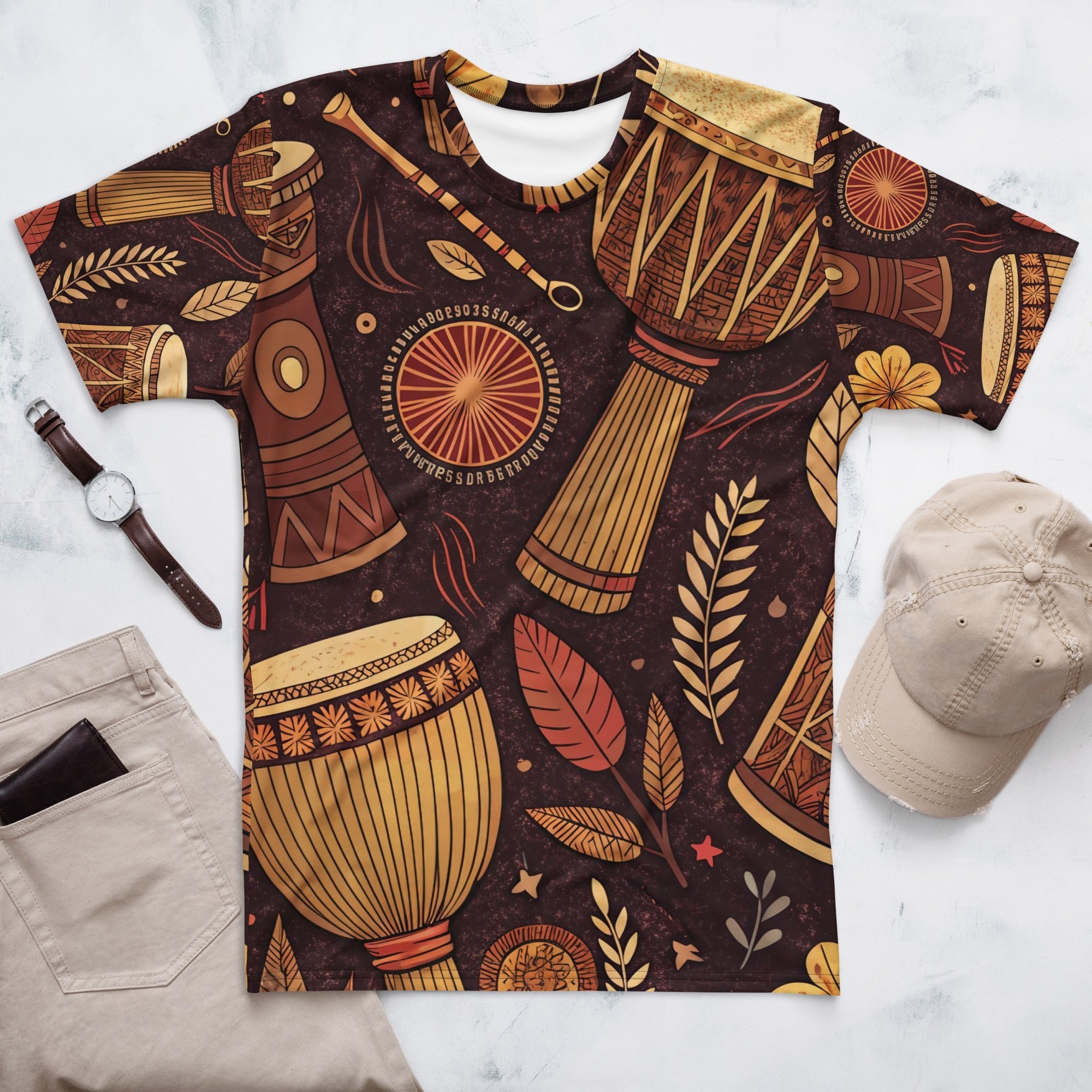 Earthy Drum Rhythms All - Over Print T-Shirt – Tribal Percussion & Nature Design - Craig Michael Design