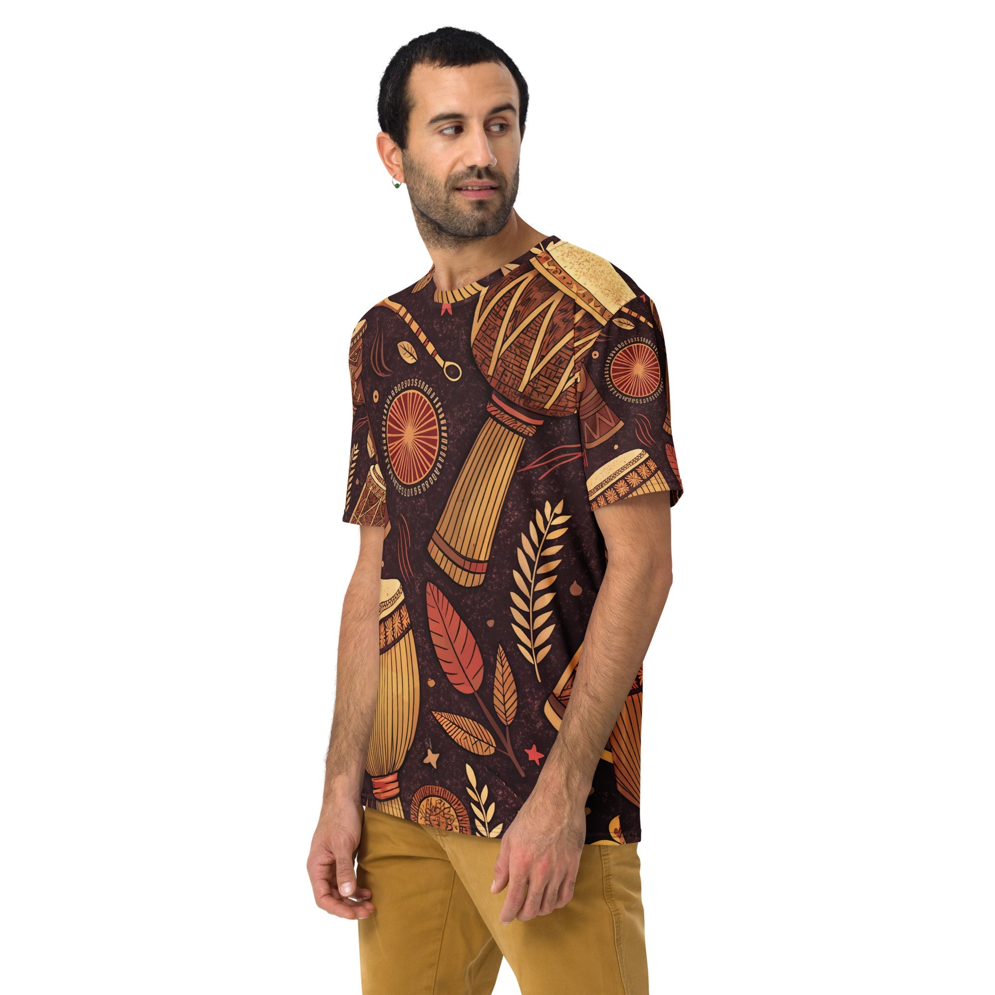 Earthy Drum Rhythms All - Over Print T-Shirt – Tribal Percussion & Nature Design - Craig Michael Design