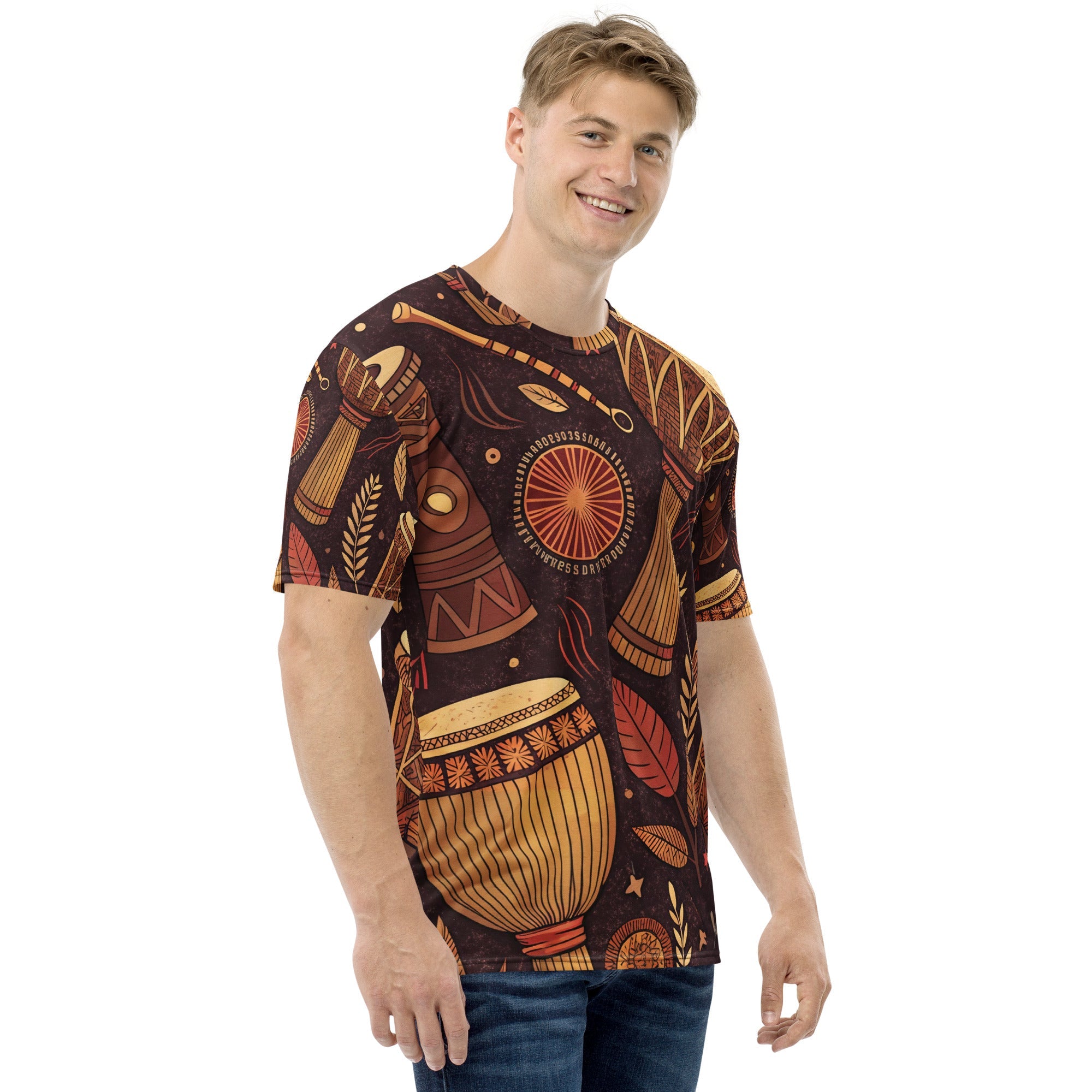 Earthy Drum Rhythms All - Over Print T-Shirt – Tribal Percussion & Nature Design - Craig Michael Design