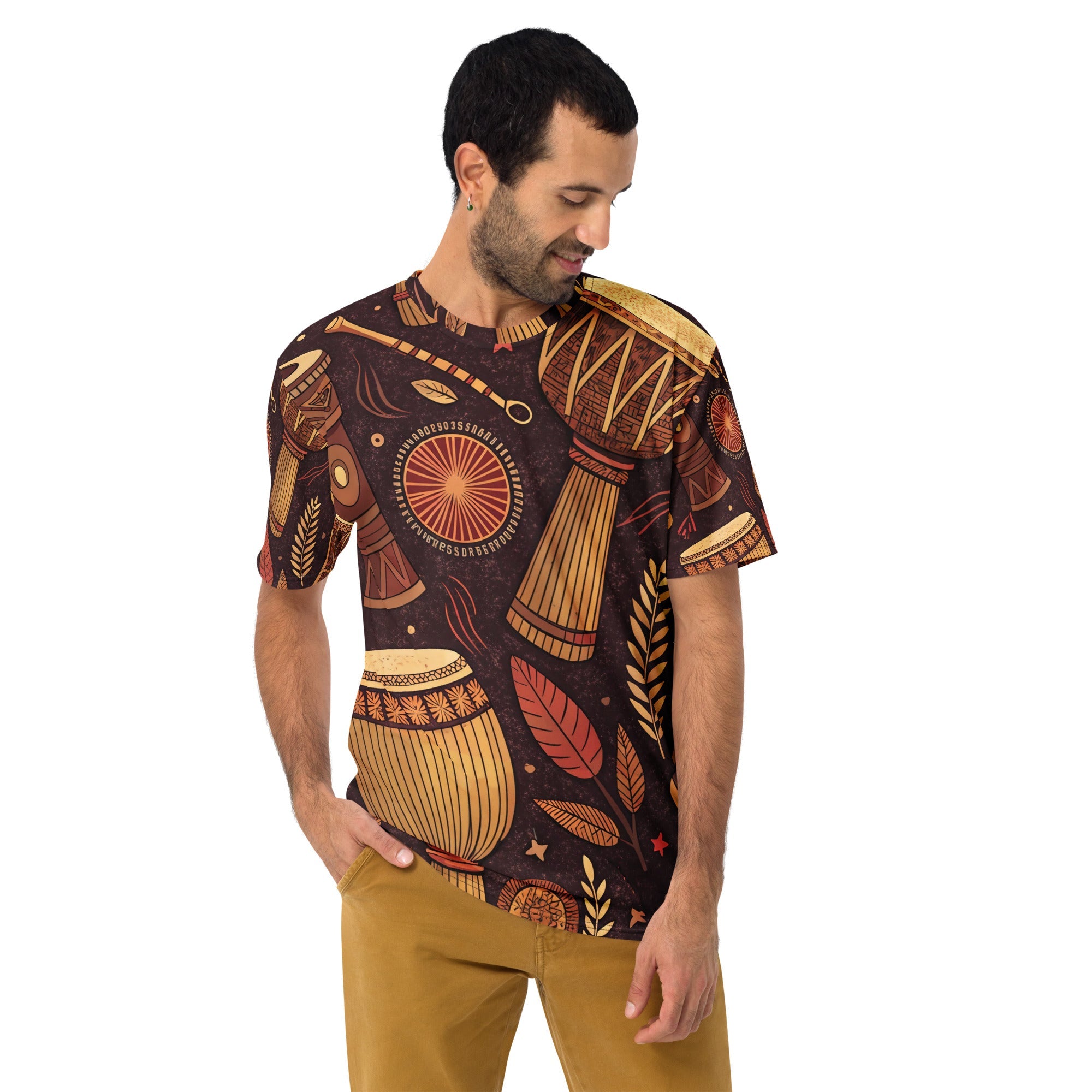Earthy Drum Rhythms All - Over Print T-Shirt – Tribal Percussion & Nature Design - Craig Michael Design