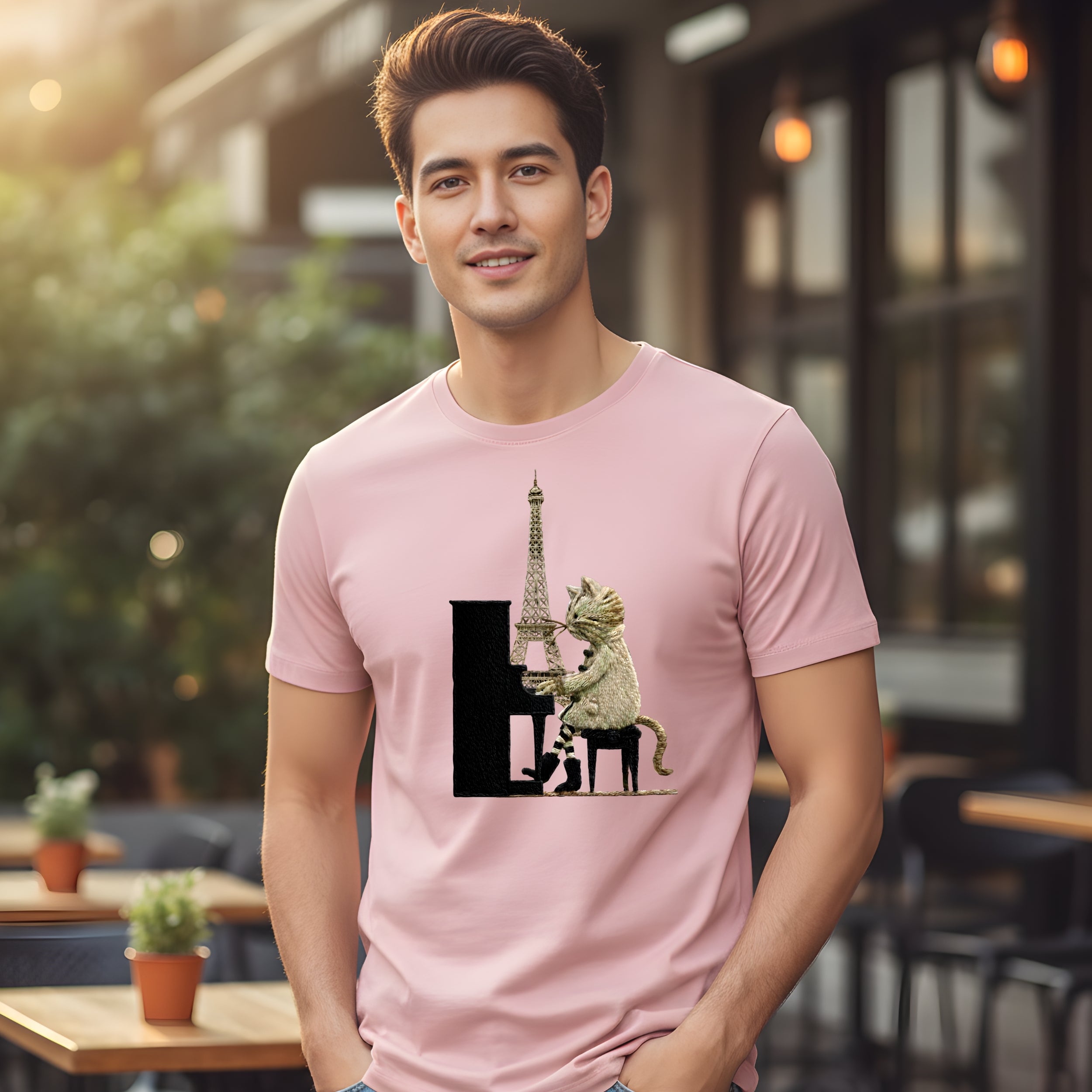 Eiffel Tower Cat Playing Piano Graphic T-Shirt