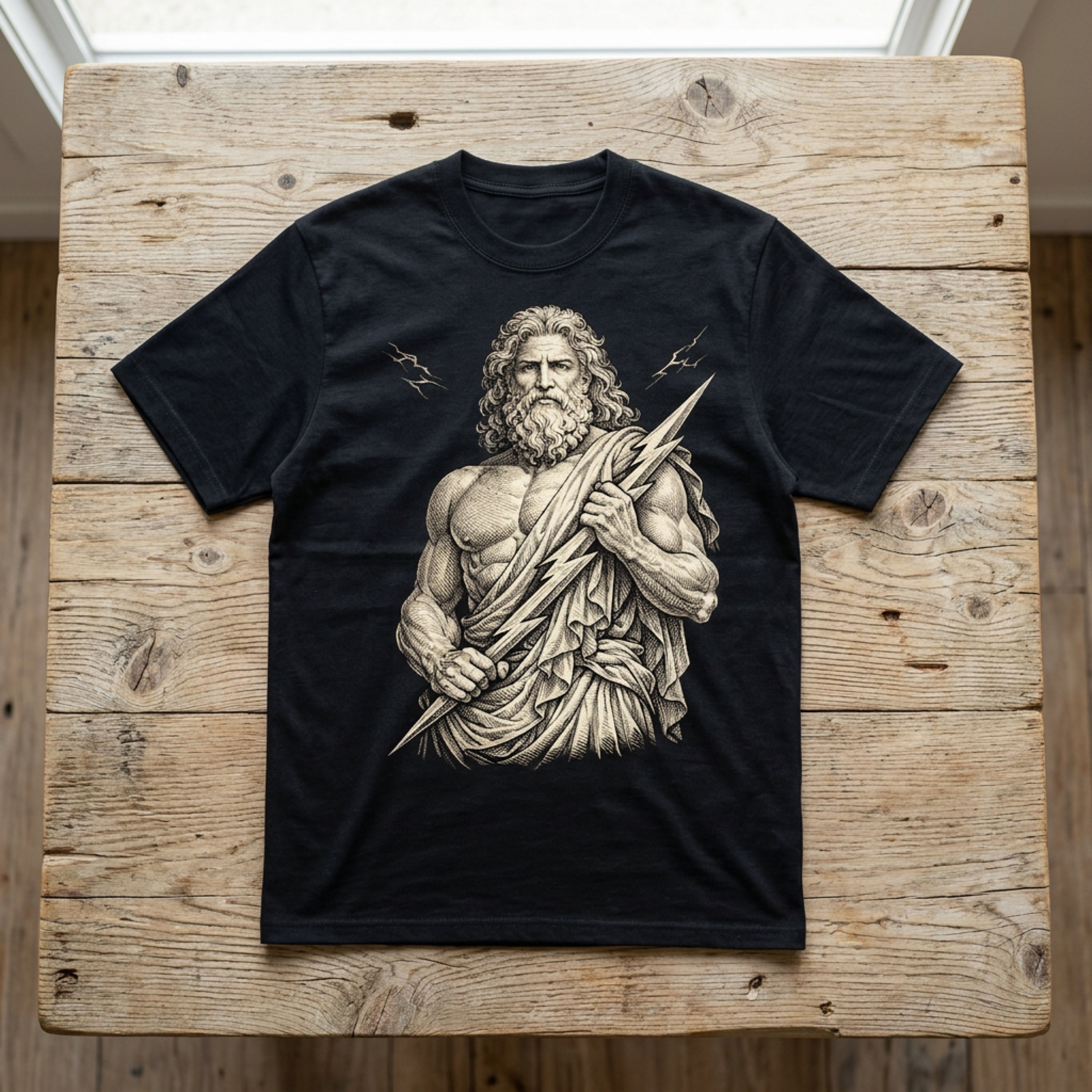 Black t-shirt with graphic of Zeus holding a lightning bolt.