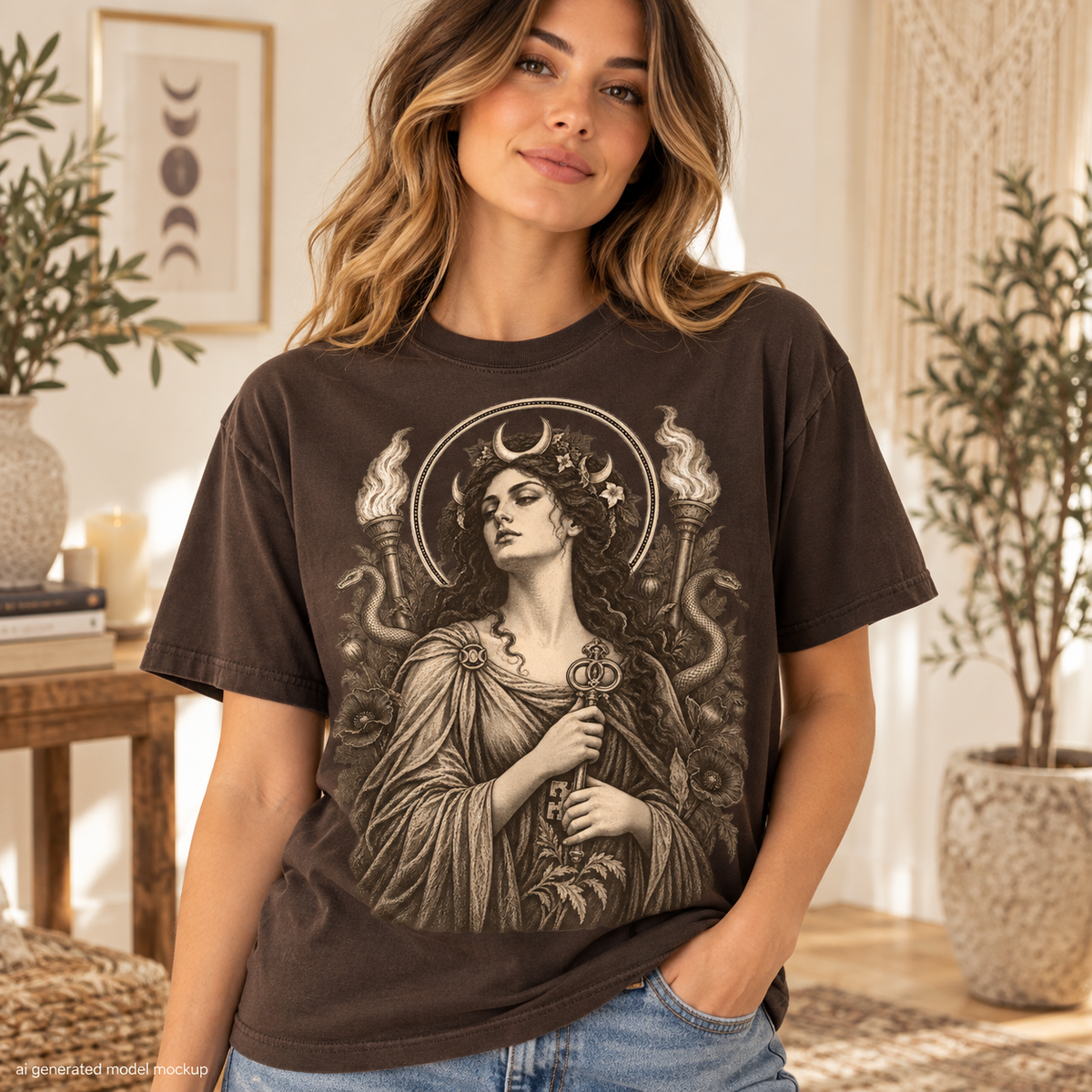 Dark t-shirt featuring a mystical woman holding a key, surrounded by snakes and torches.