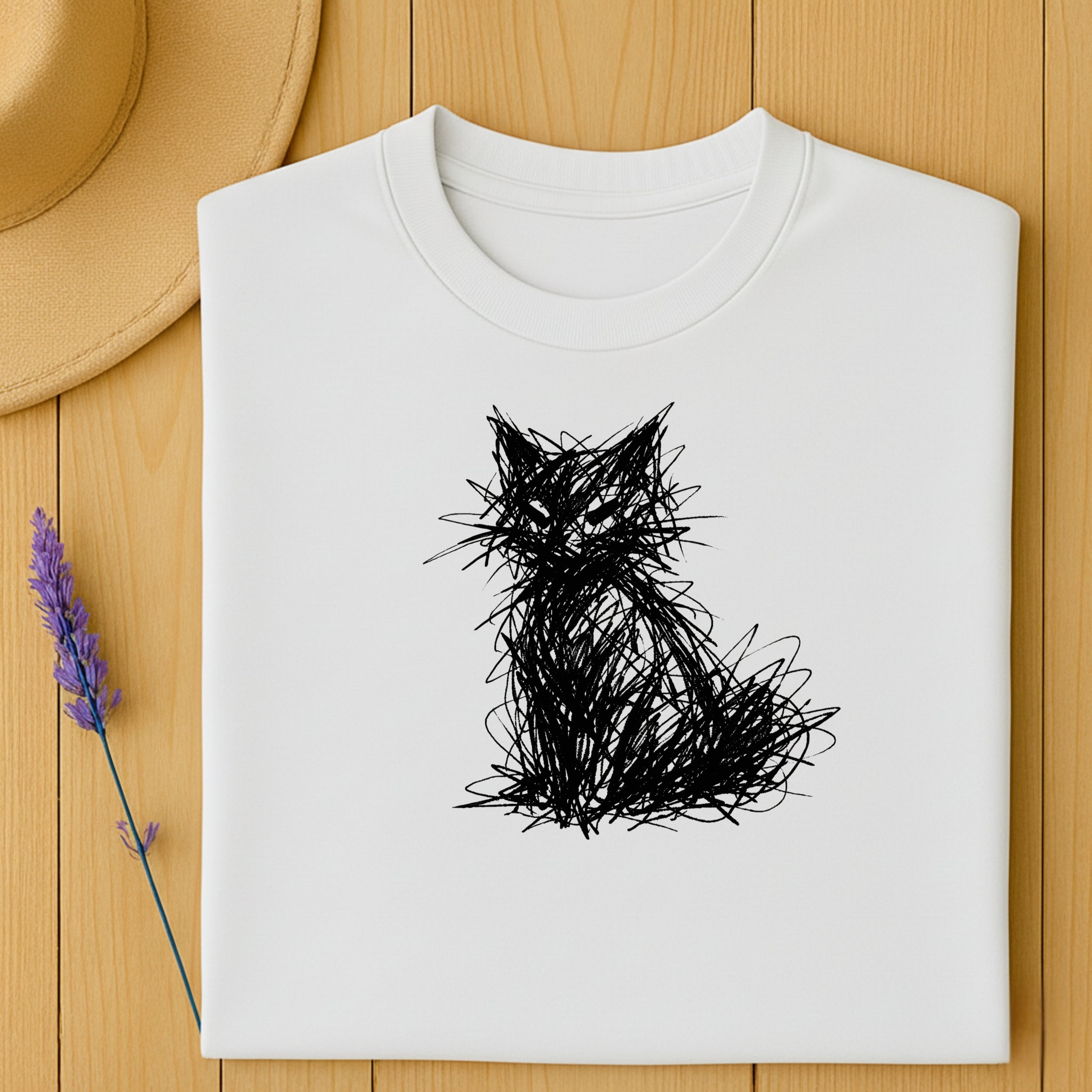 Abstract Cat Illustration White Fitted Crew Neck T-Shirt