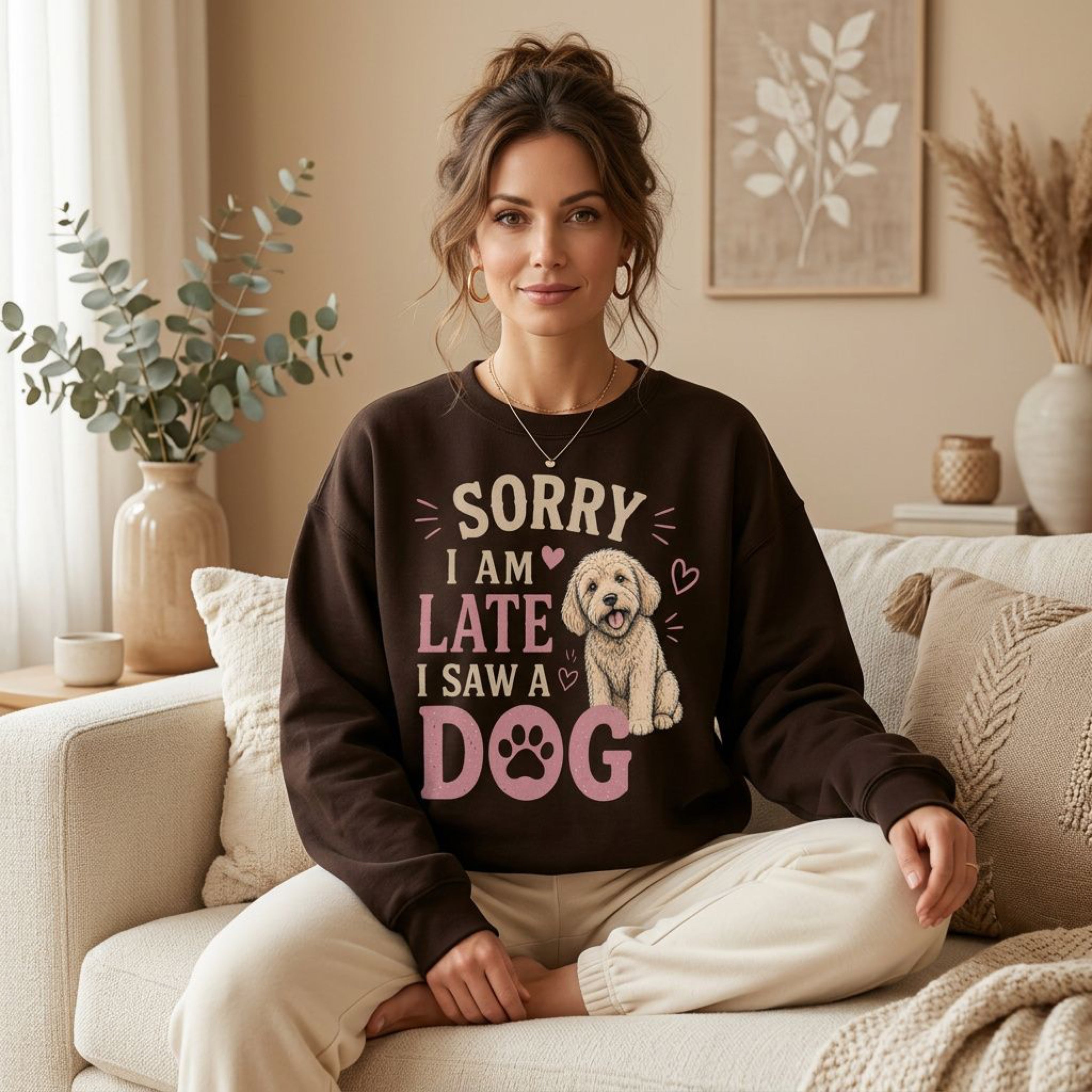 Woman wearing a brown sweatshirt with a dog graphic and text "Sorry I am late I saw a dog."