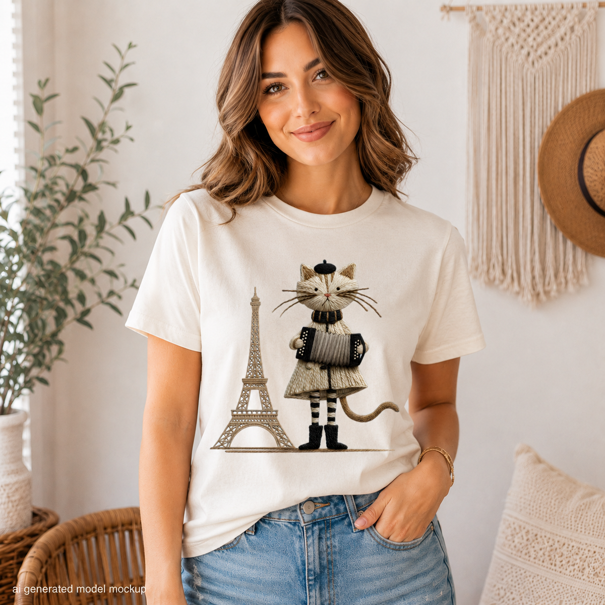 Cream t-shirt with illustration of a cat in a beret playing an accordion by the Eiffel Tower.