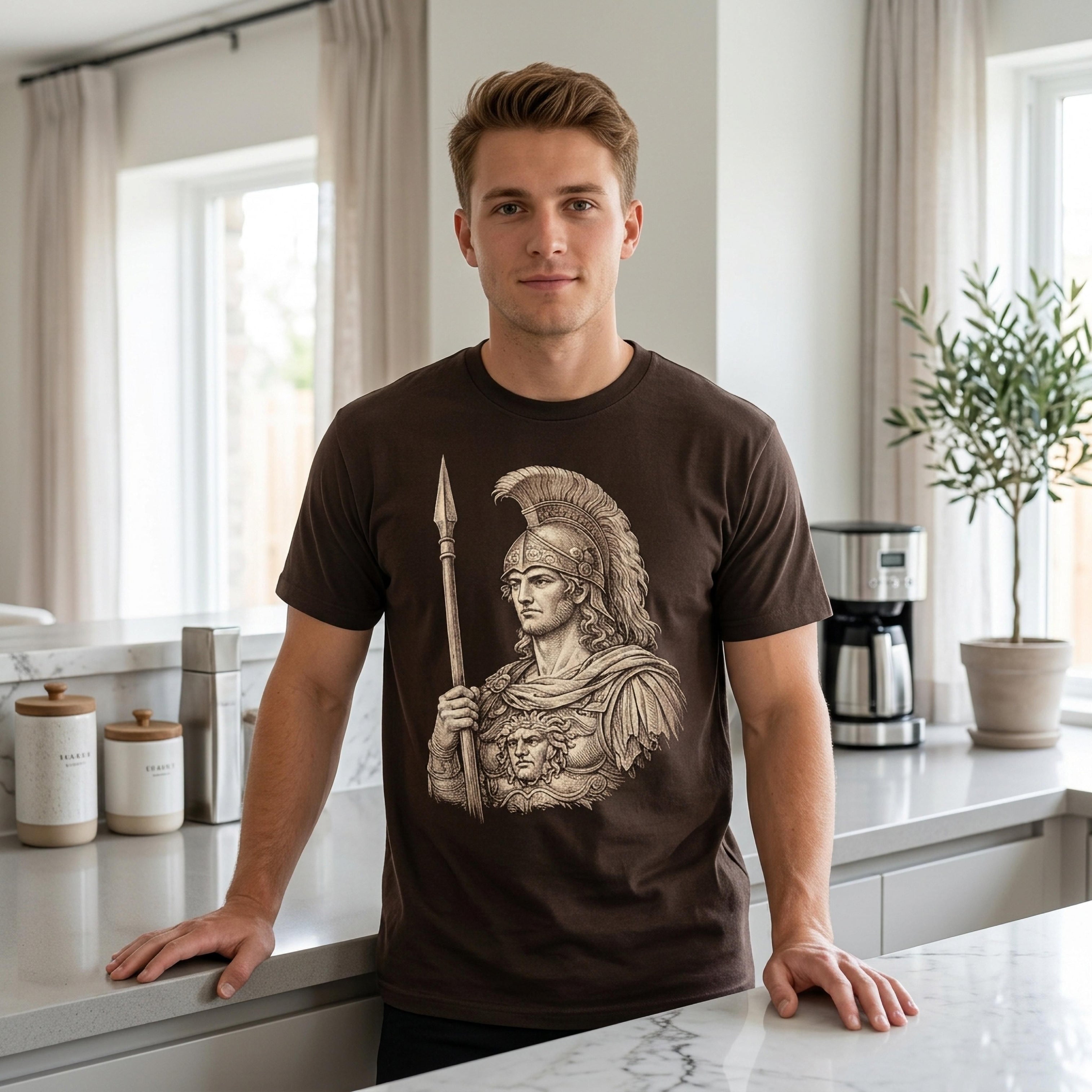 Man in brown t-shirt with Ancient Greek warrior graphic, standing in a kitchen.