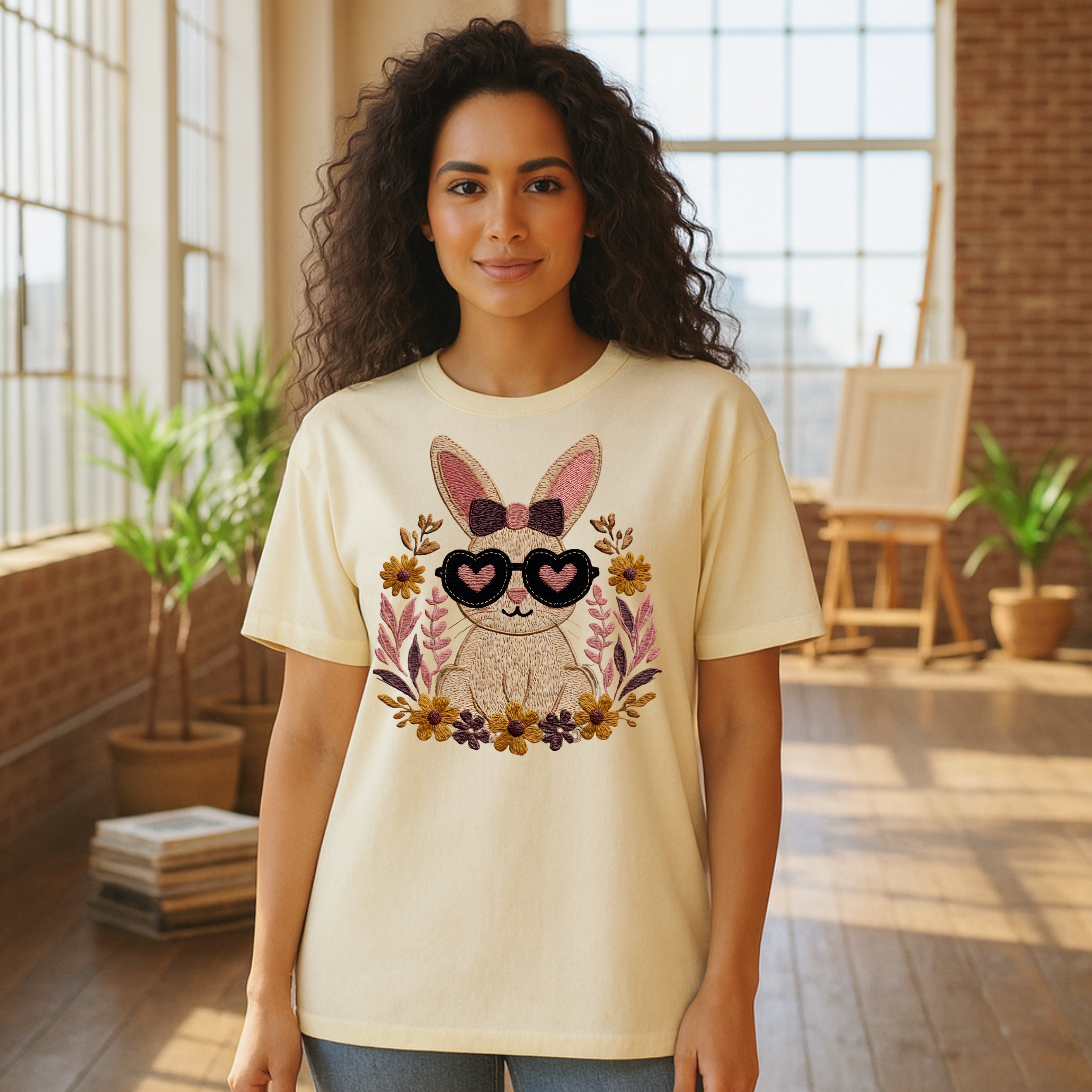 Cute Bunny with Heart Glasses and Flowers T-Shirt