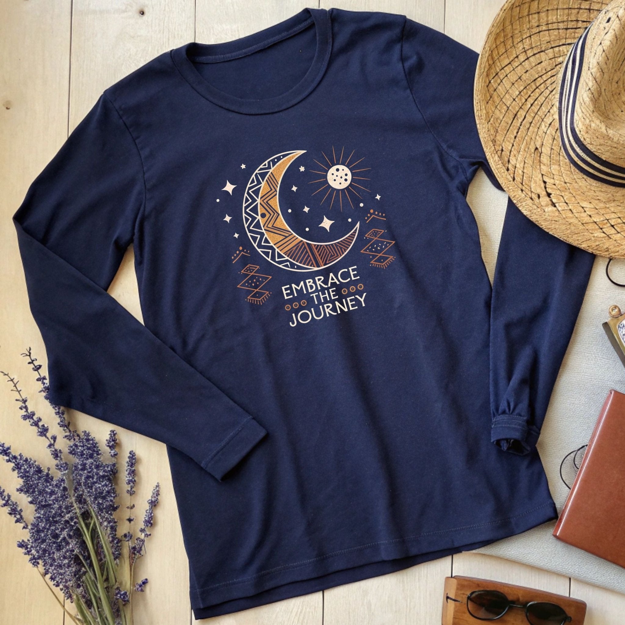 Embrace the Journey" Celestial Long Sleeve T-Shirt – Boho Moon & Sun Design - Craig Michael Design