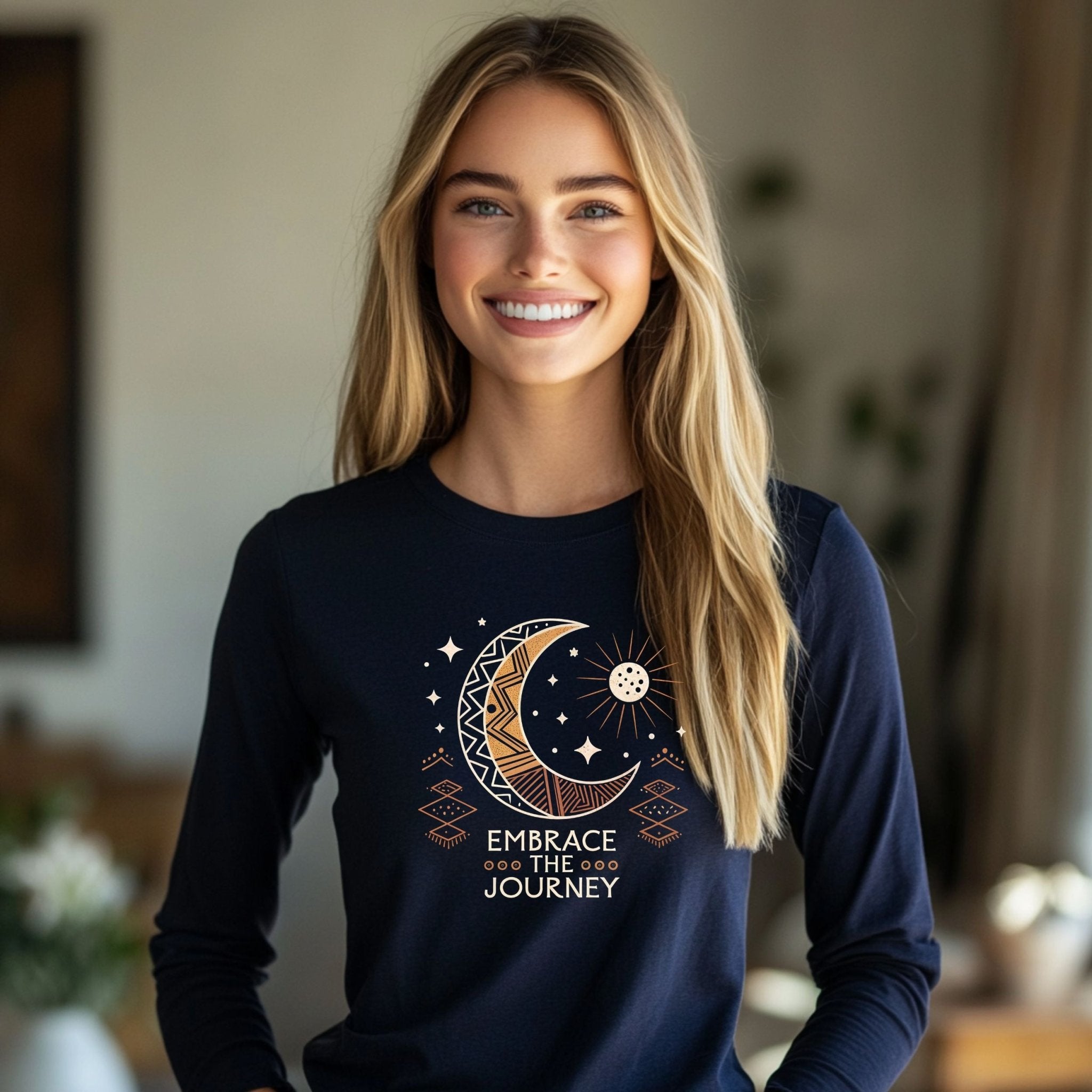 Embrace the Journey" Celestial Long Sleeve T-Shirt – Boho Moon & Sun Design - Craig Michael Design