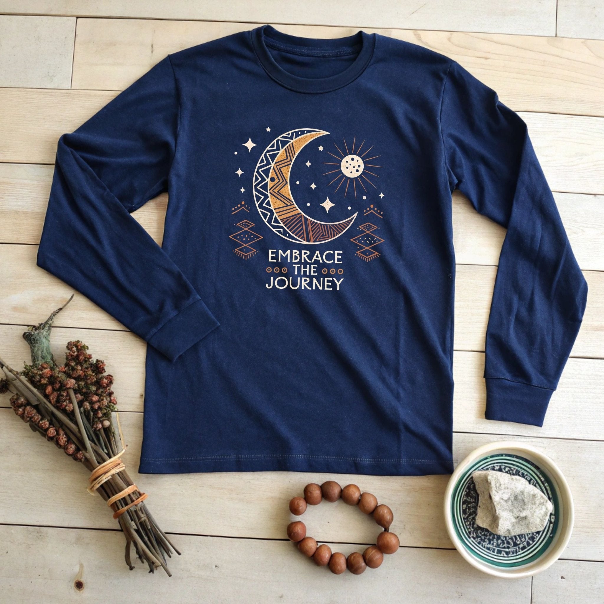 Embrace the Journey" Celestial Long Sleeve T-Shirt – Boho Moon & Sun Design - Craig Michael Design