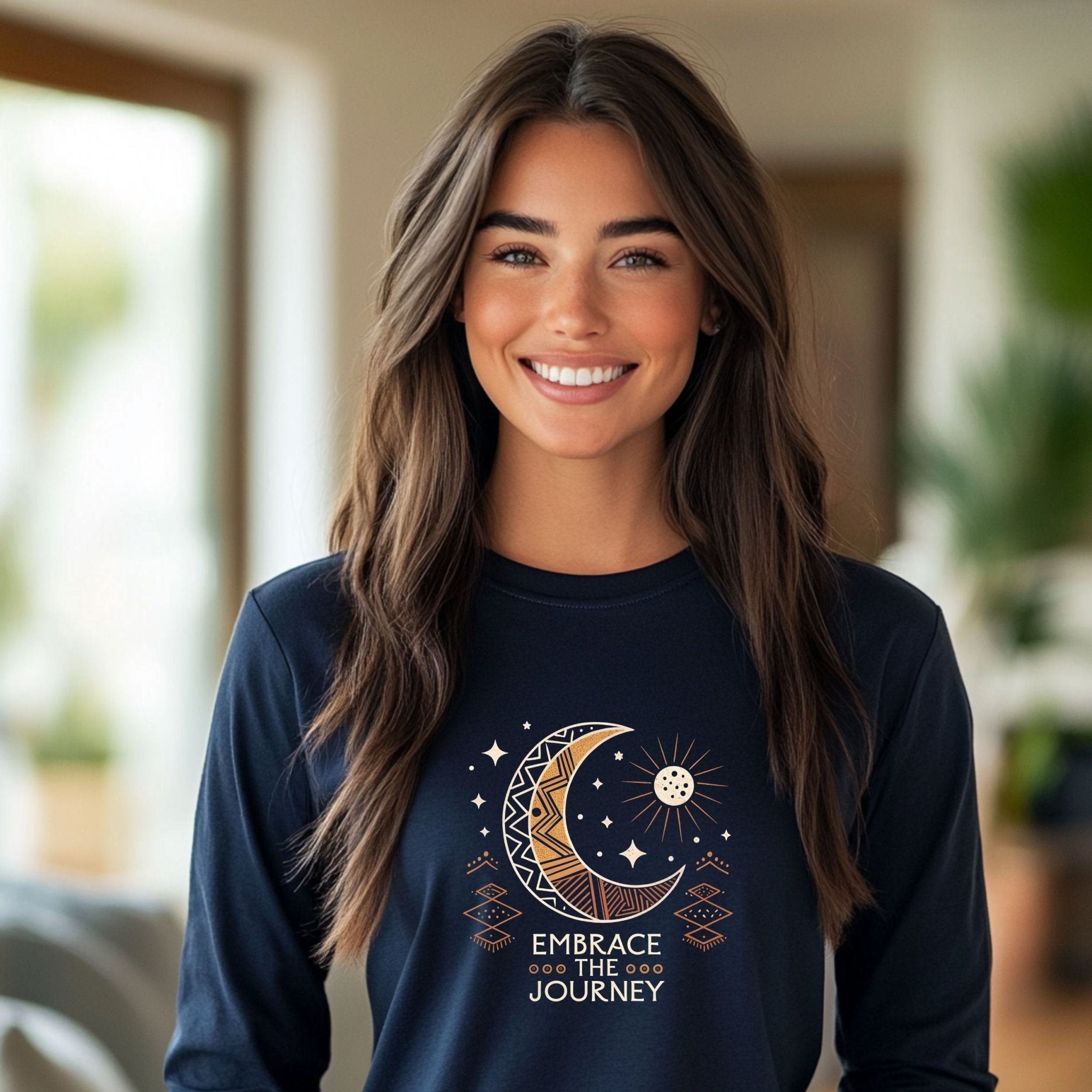 Embrace the Journey" Celestial Long Sleeve T-Shirt – Boho Moon & Sun Design - Craig Michael Design