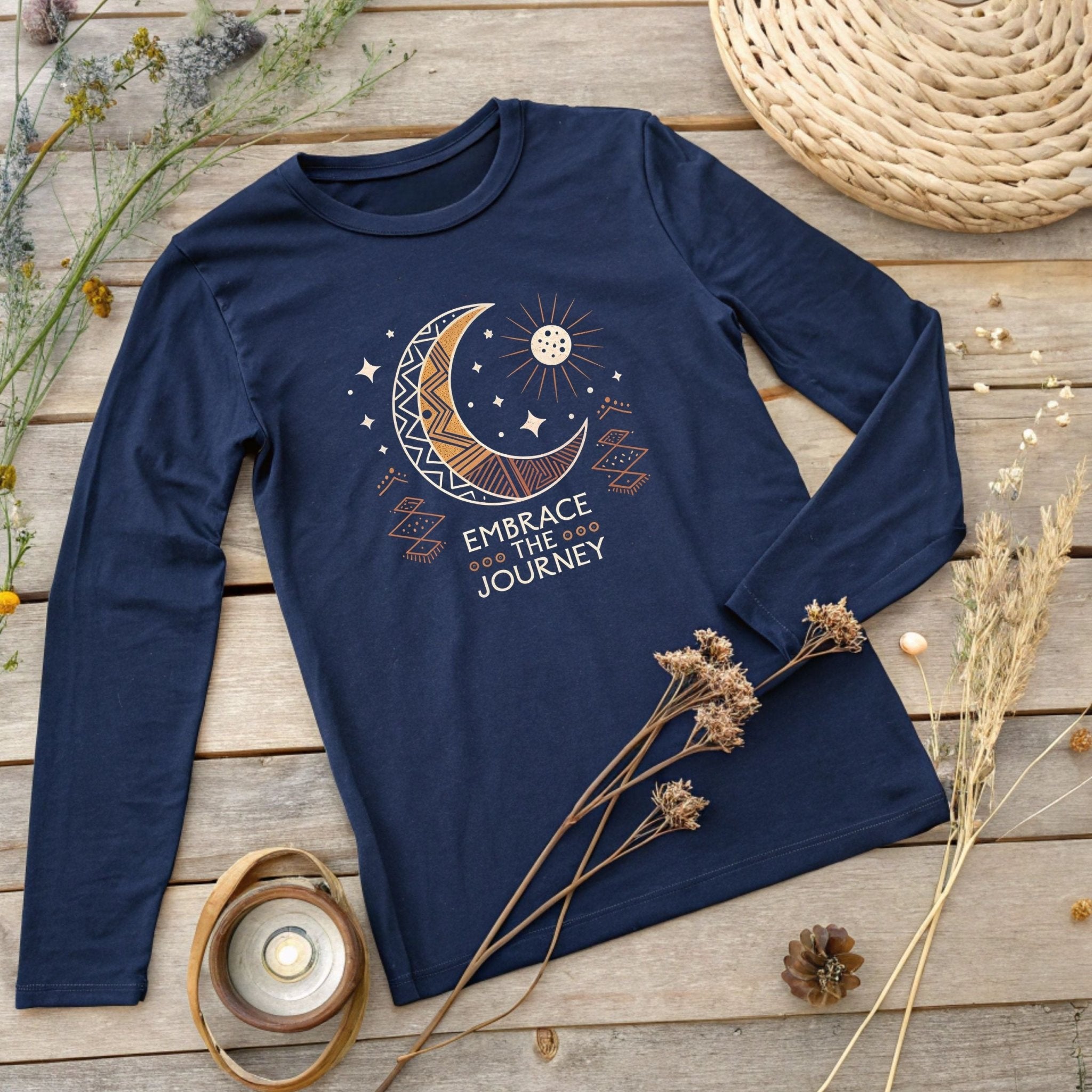 Embrace the Journey" Celestial Long Sleeve T-Shirt – Boho Moon & Sun Design - Craig Michael Design