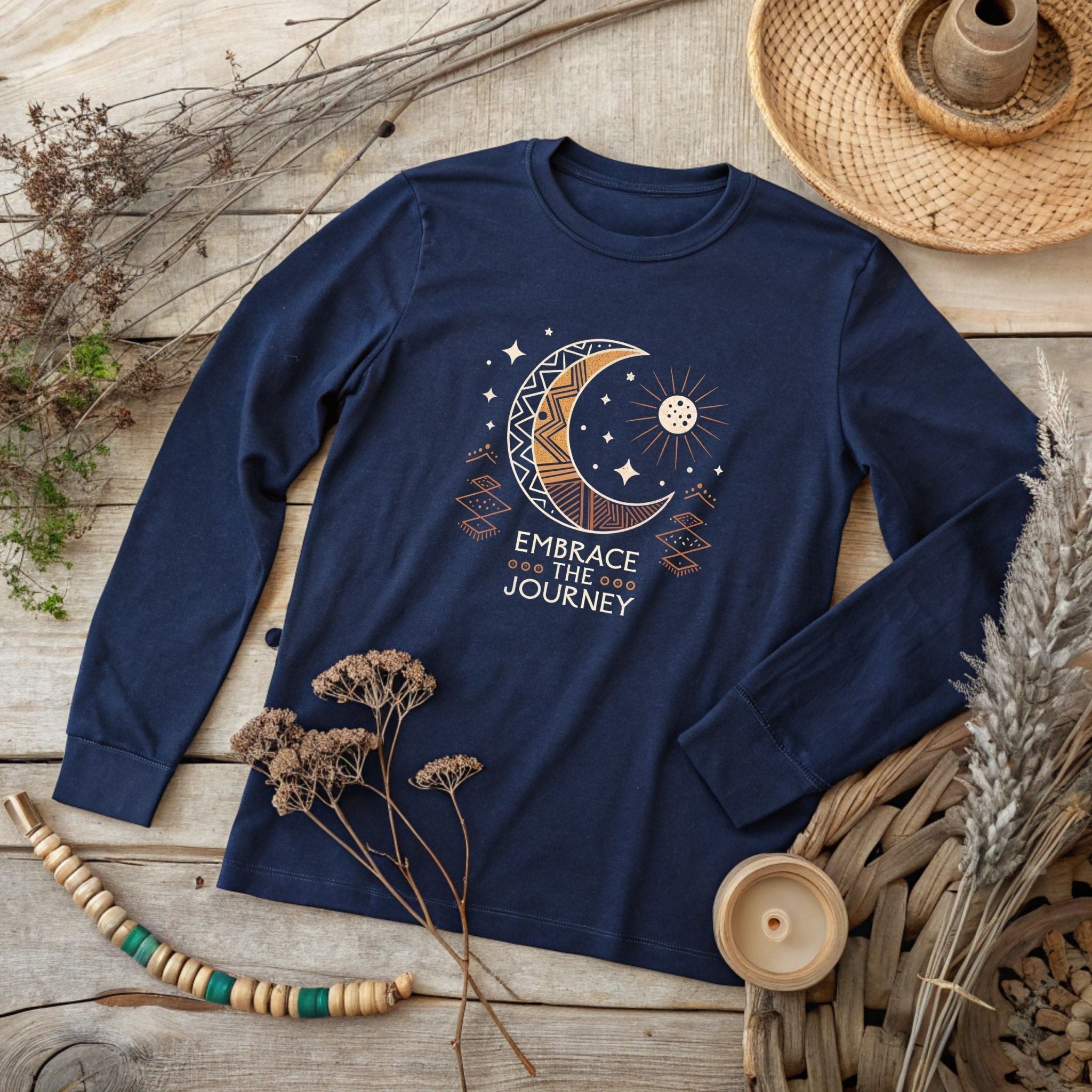 Embrace the Journey" Celestial Long Sleeve T-Shirt – Boho Moon & Sun Design - Craig Michael Design