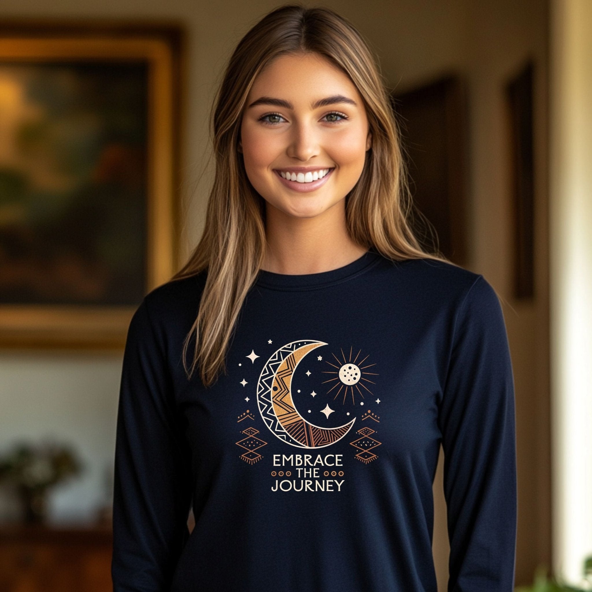 Embrace the Journey" Celestial Long Sleeve T-Shirt – Boho Moon & Sun Design - Craig Michael Design