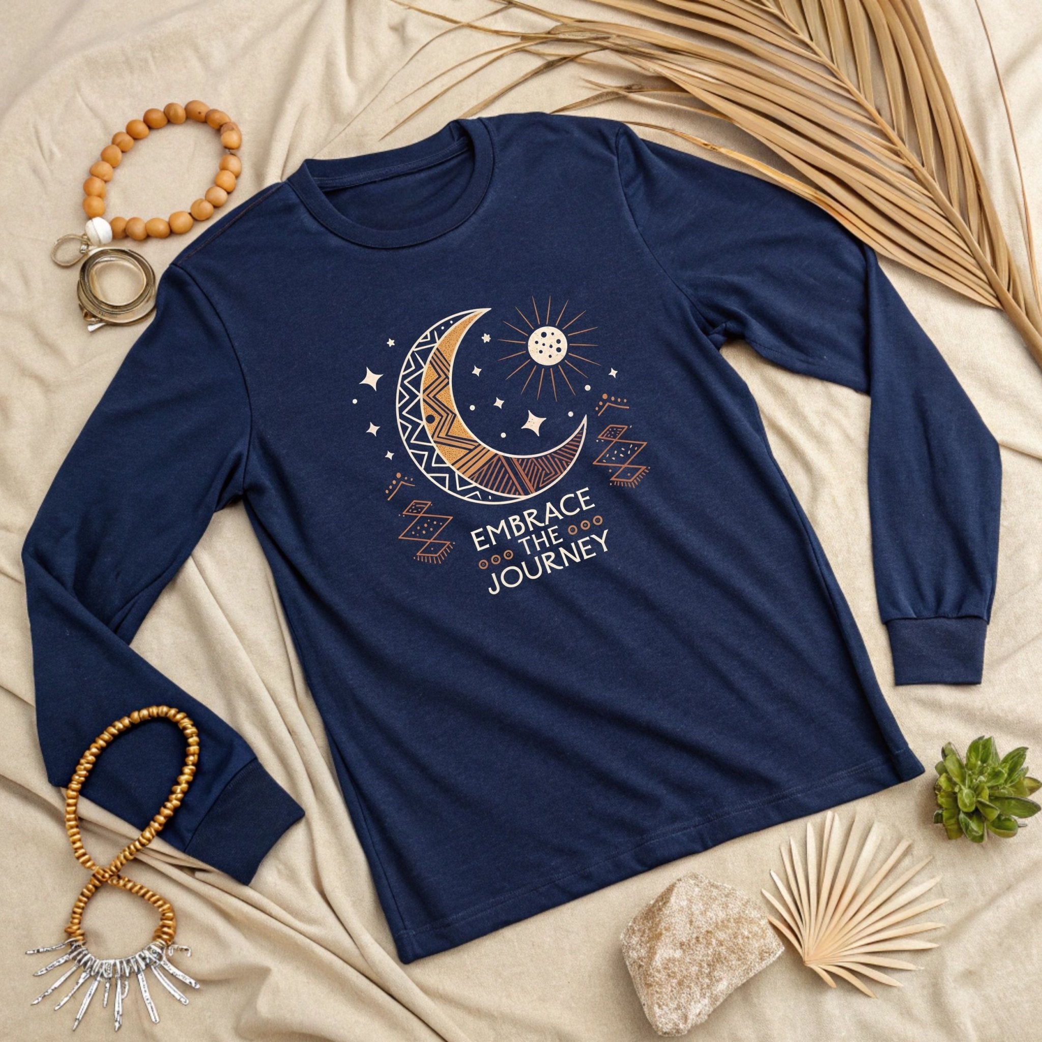 Embrace the Journey" Celestial Long Sleeve T-Shirt – Boho Moon & Sun Design - Craig Michael Design