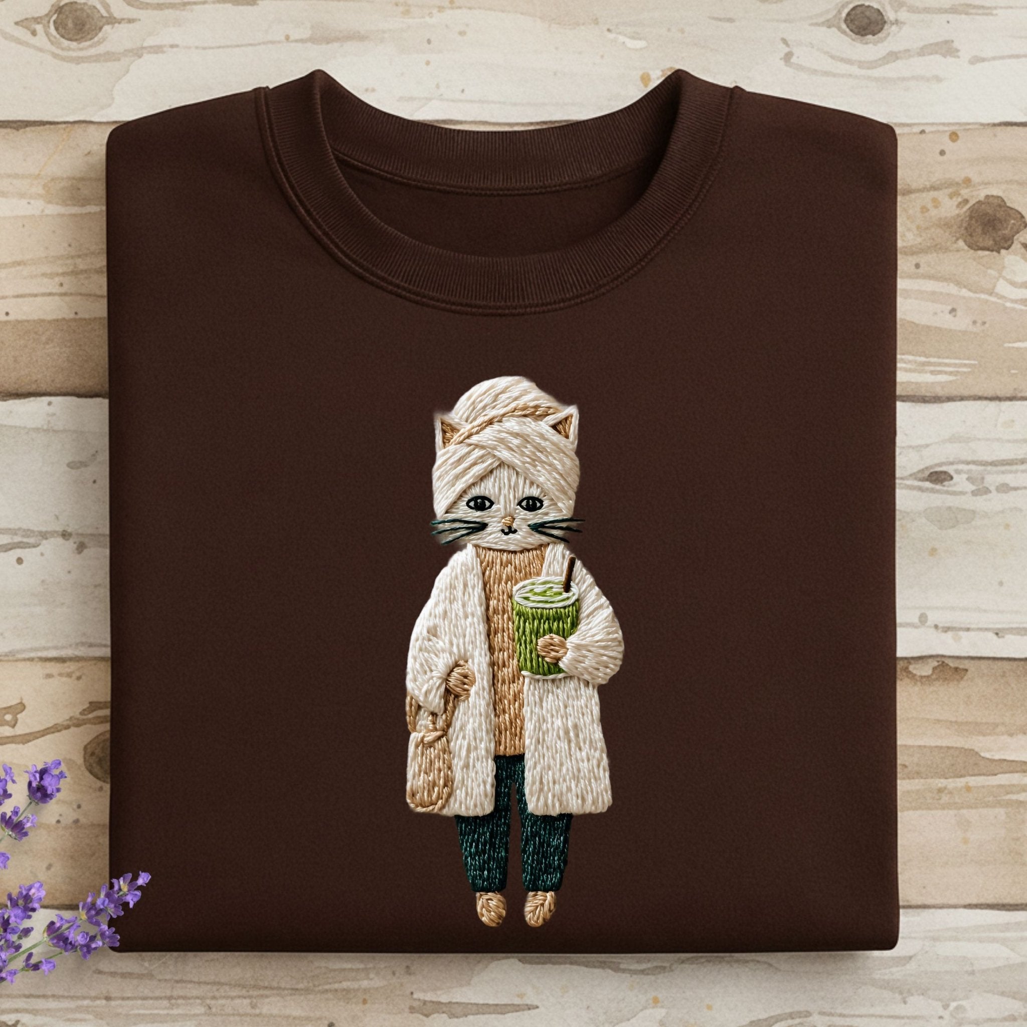 Embroidered Cat T Shirt, Boho Cat T-Shirt, Cat with Turban, Funny Cat T Shirt, Drink, Modern Cat T-Shirt, Cat Lover Gift, Pet Cat T-Shirt - Craig Michael Design