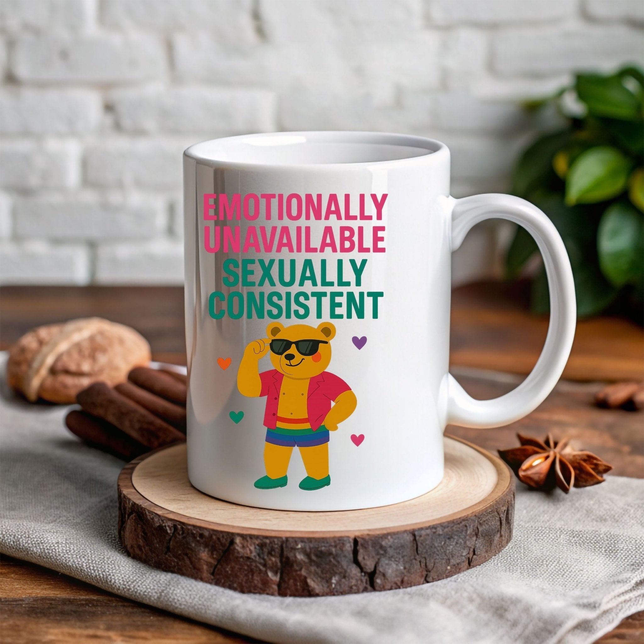 Emotionally Unavailable Gay Mug, Funny Queer Coffee Cup for Him, Rainbow Bear Pride Gift, Sassy Gay Office Mug, Bold LGBTQ Camp Drinkware - Craig Michael Design