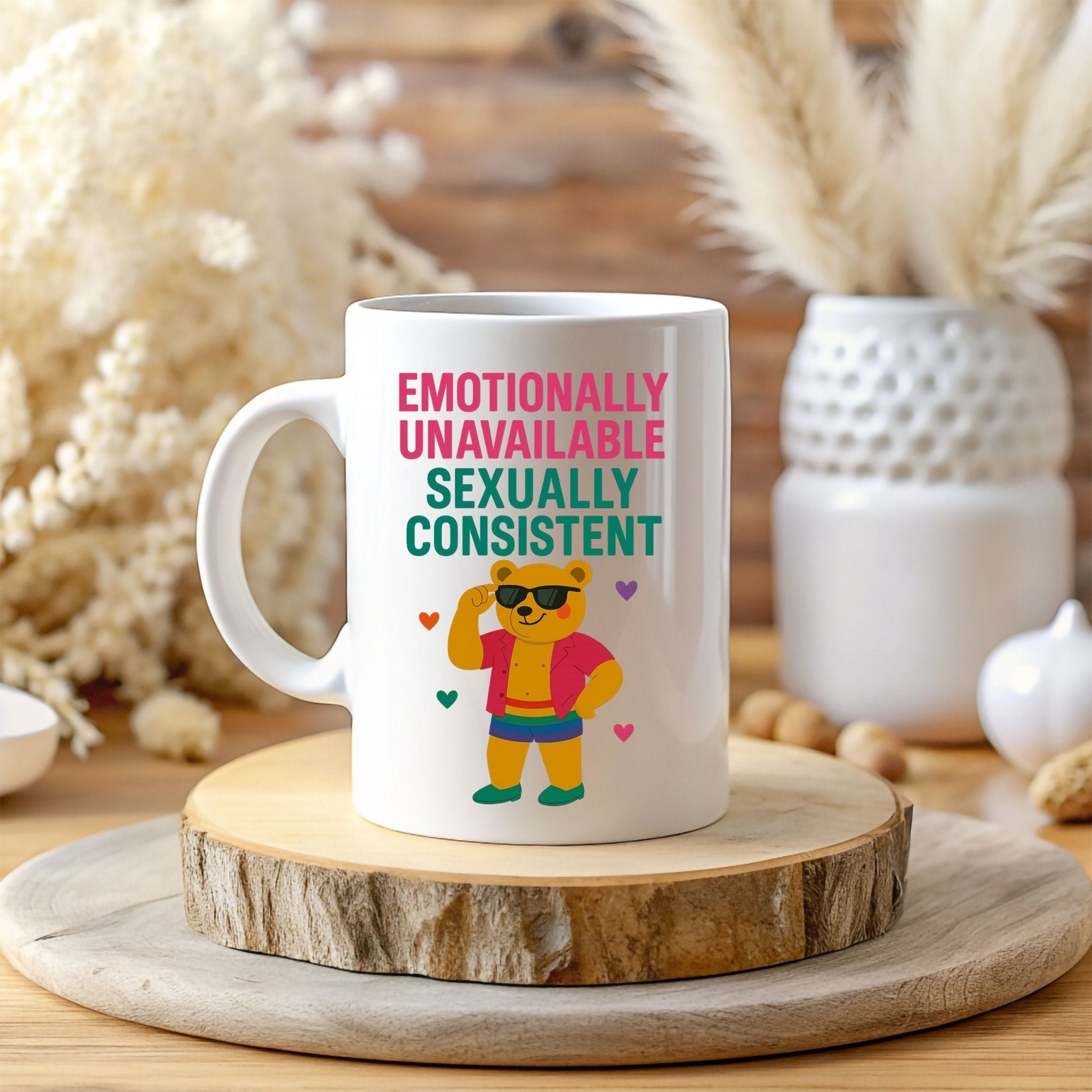 Emotionally Unavailable Gay Mug, Funny Queer Coffee Cup for Him, Rainbow Bear Pride Gift, Sassy Gay Office Mug, Bold LGBTQ Camp Drinkware - Craig Michael Design