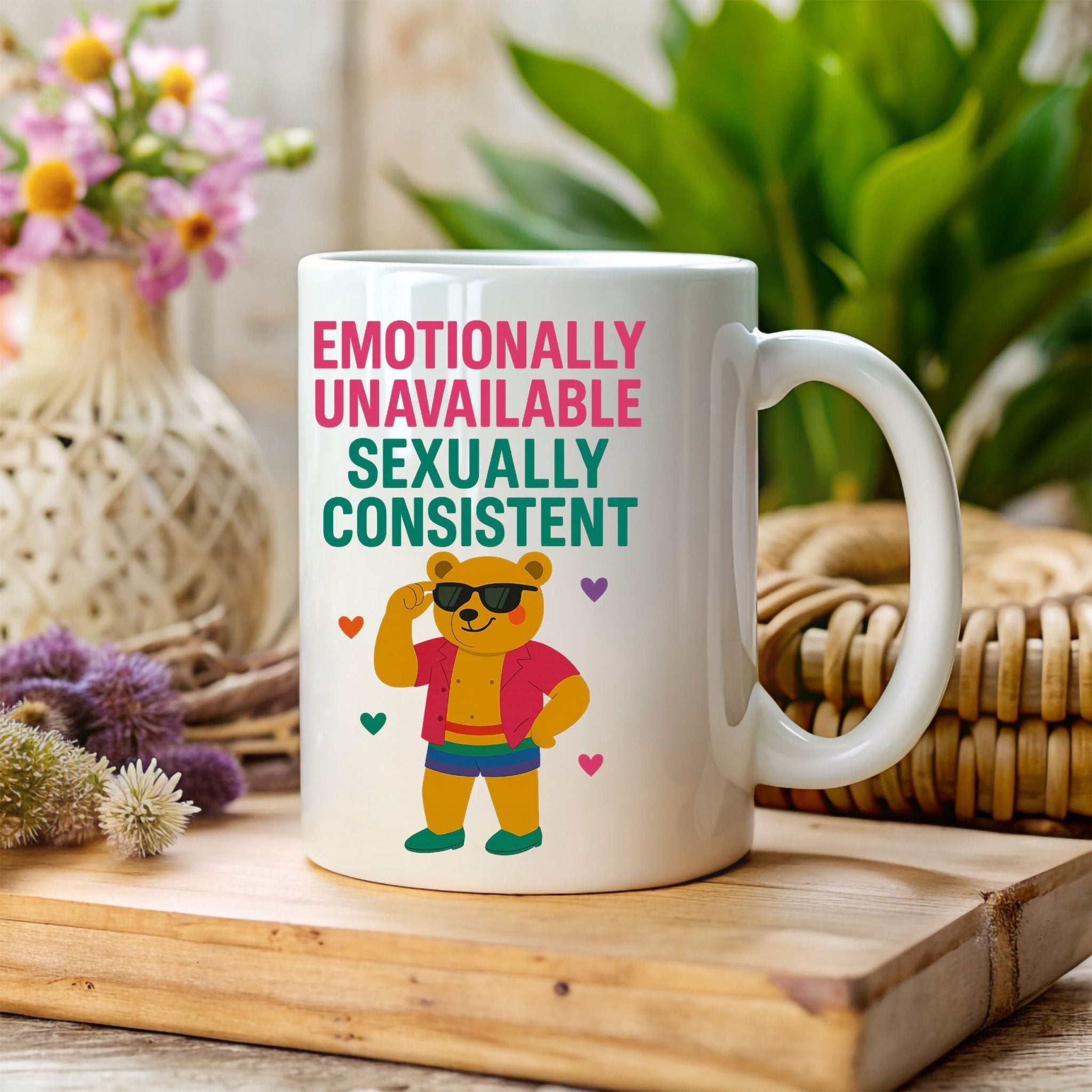 Emotionally Unavailable Gay Mug, Funny Queer Coffee Cup for Him, Rainbow Bear Pride Gift, Sassy Gay Office Mug, Bold LGBTQ Camp Drinkware - Craig Michael Design