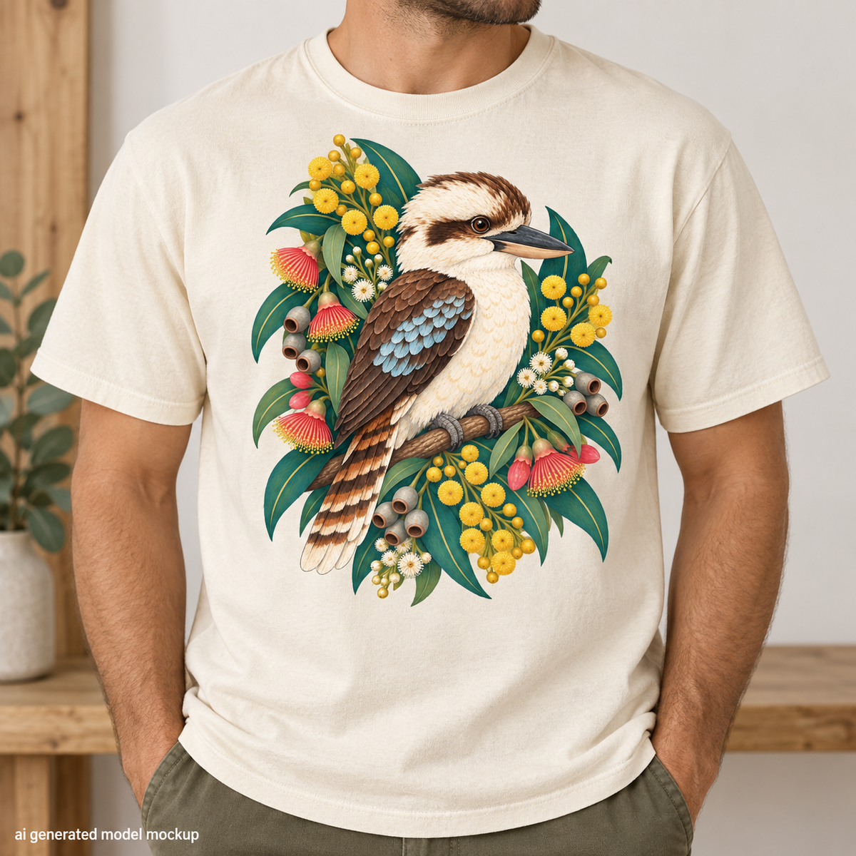 Kookaburra perched on a branch surrounded by Australian native flora and flowers.