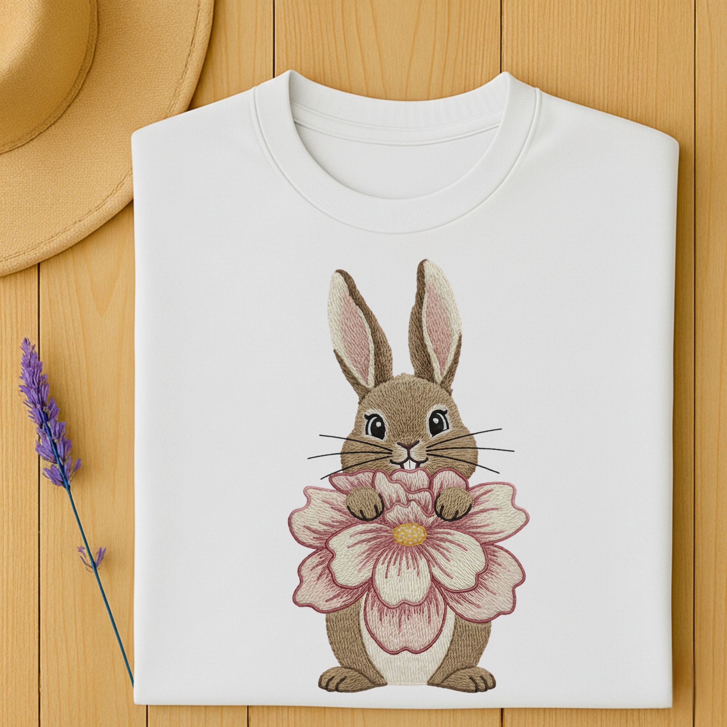 Adorable Bunny Holding Flower Embroidered Shirt