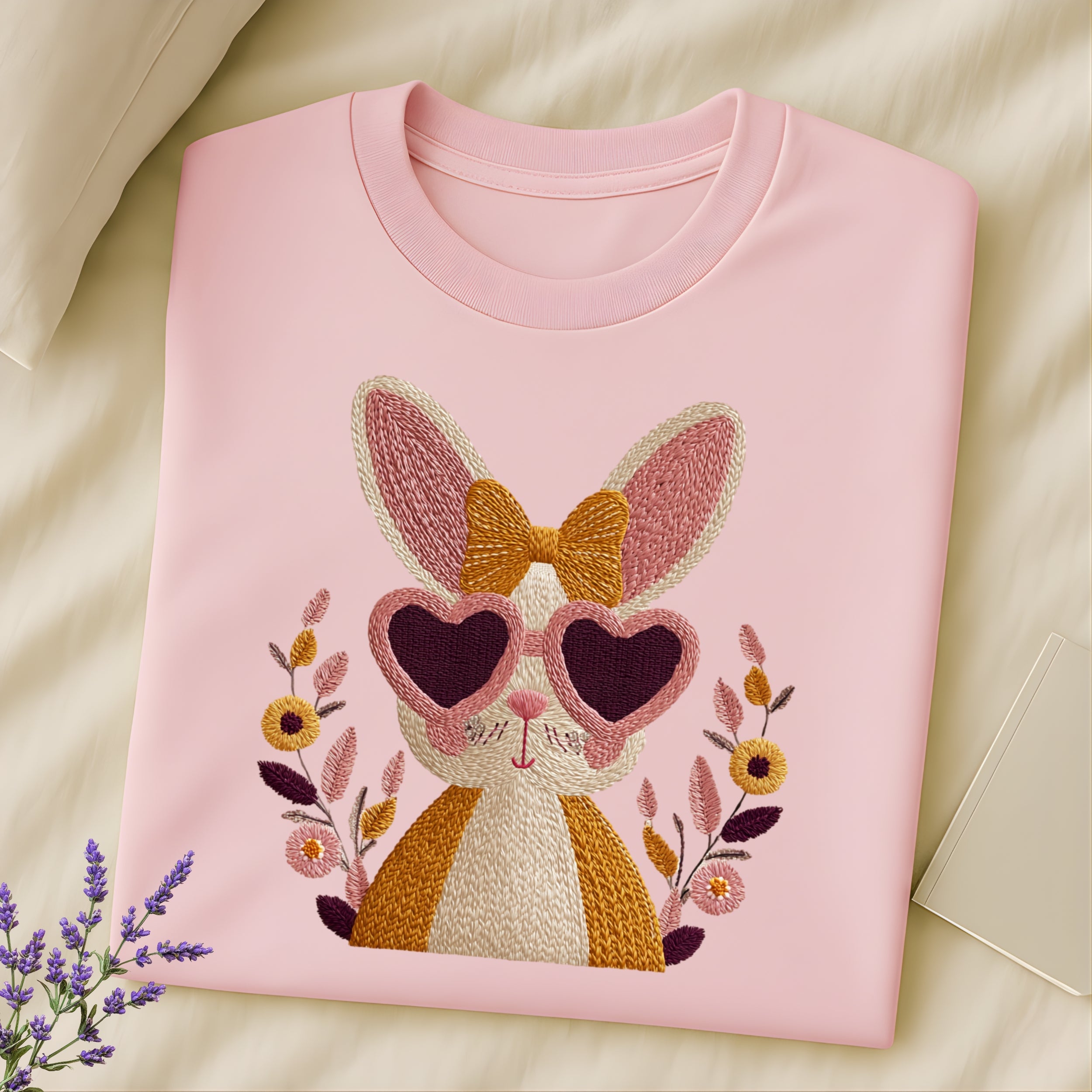 Adorable Bunny with Heart Glasses Embroidered Shirt