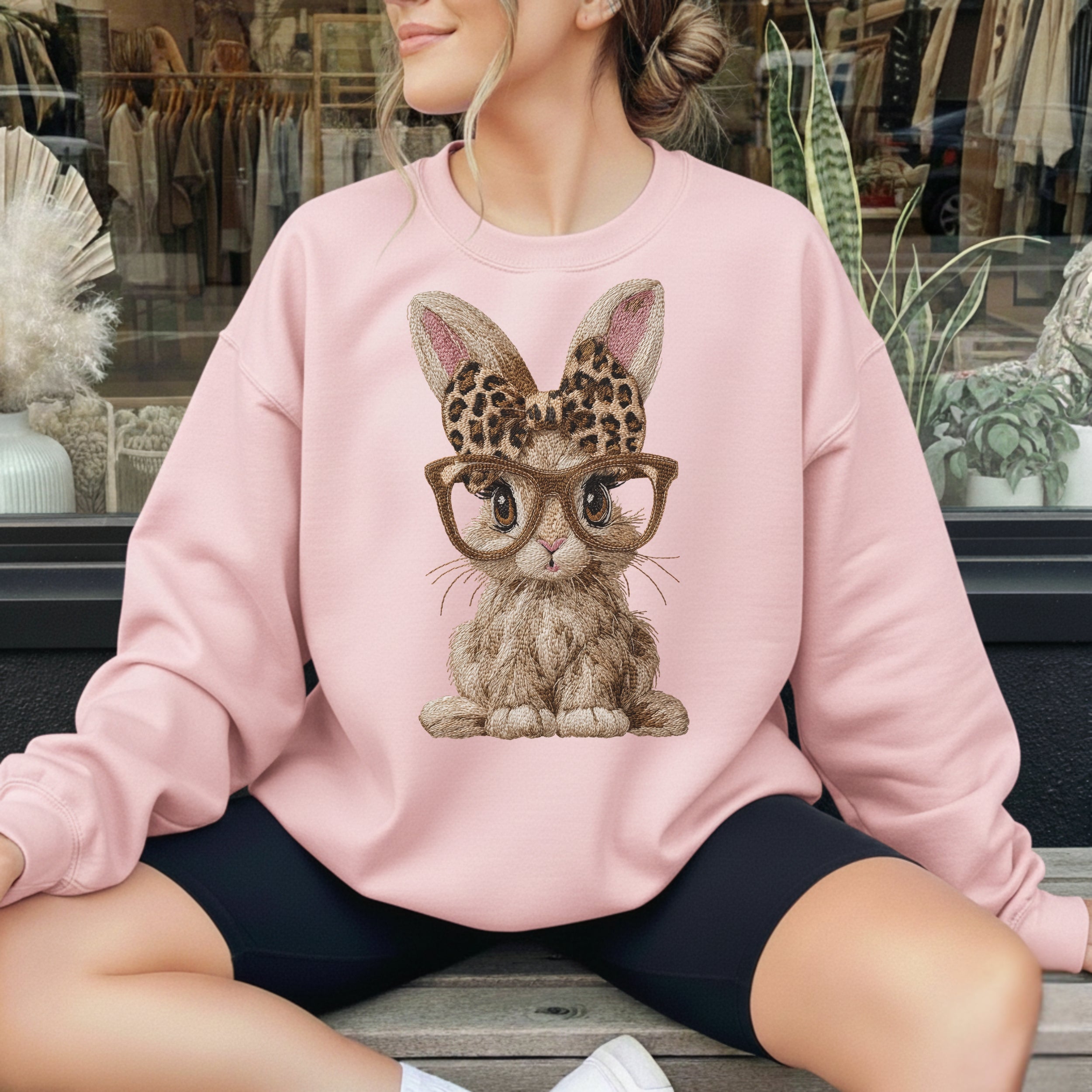 Cute Bunny With Glasses Pink Sweater