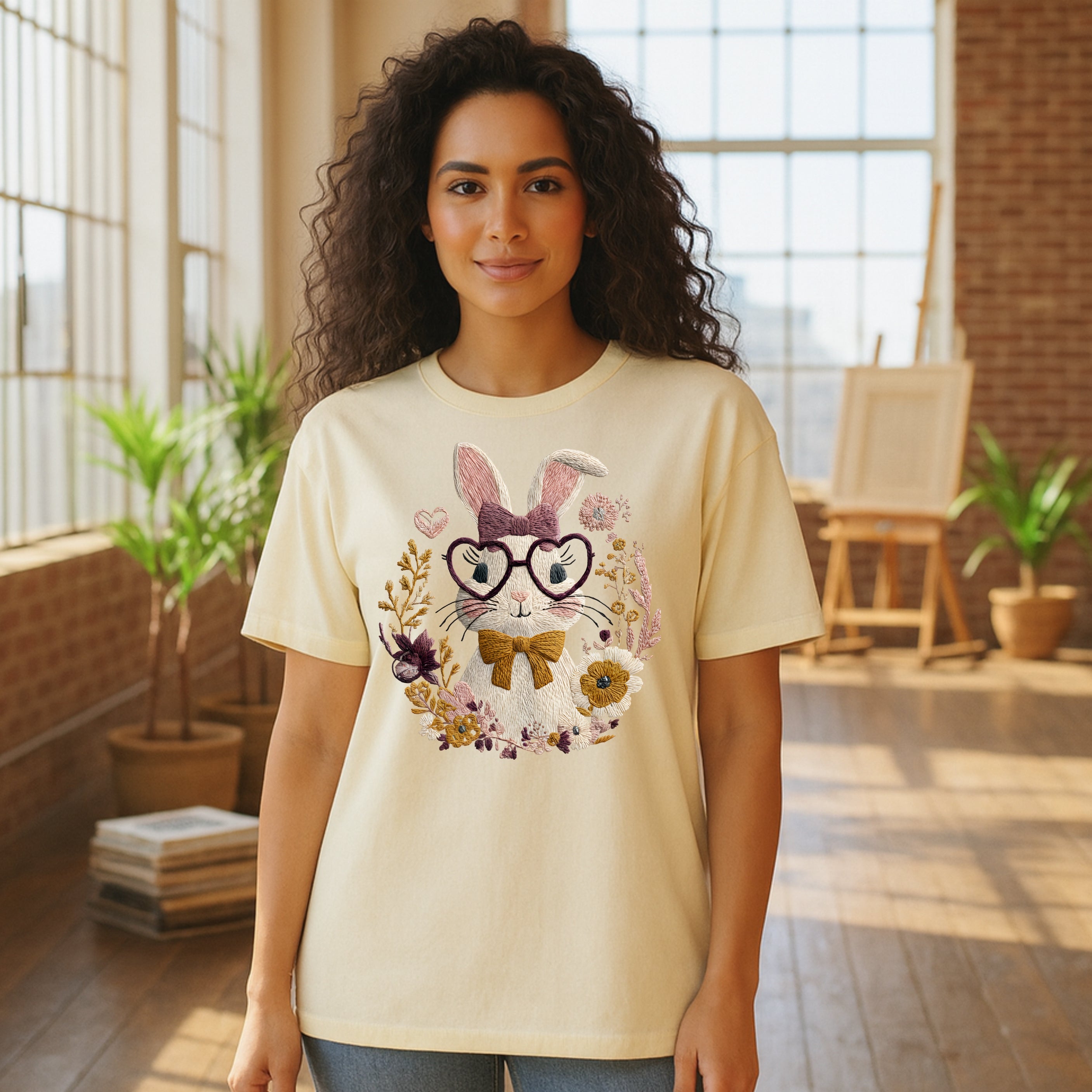 Cute Bunny Glasses Graphic Tee with Floral Design