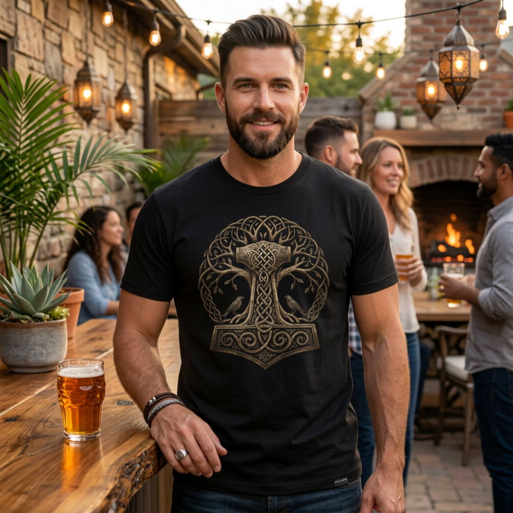 Man wearing black t-shirt with Thor's Hammer and Yggdrasil design.